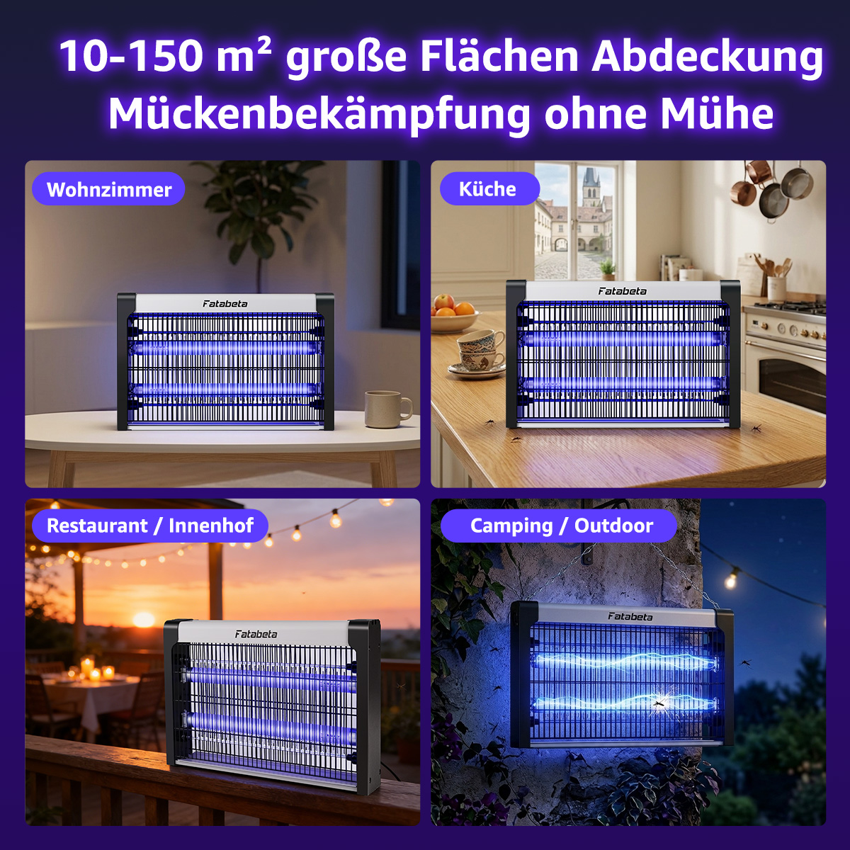 Vier Bilder zeigen einen Insektenvernichter in verschiedenen Umgebungen: Wohnzimmer, Küche, Restaurant und Camping.