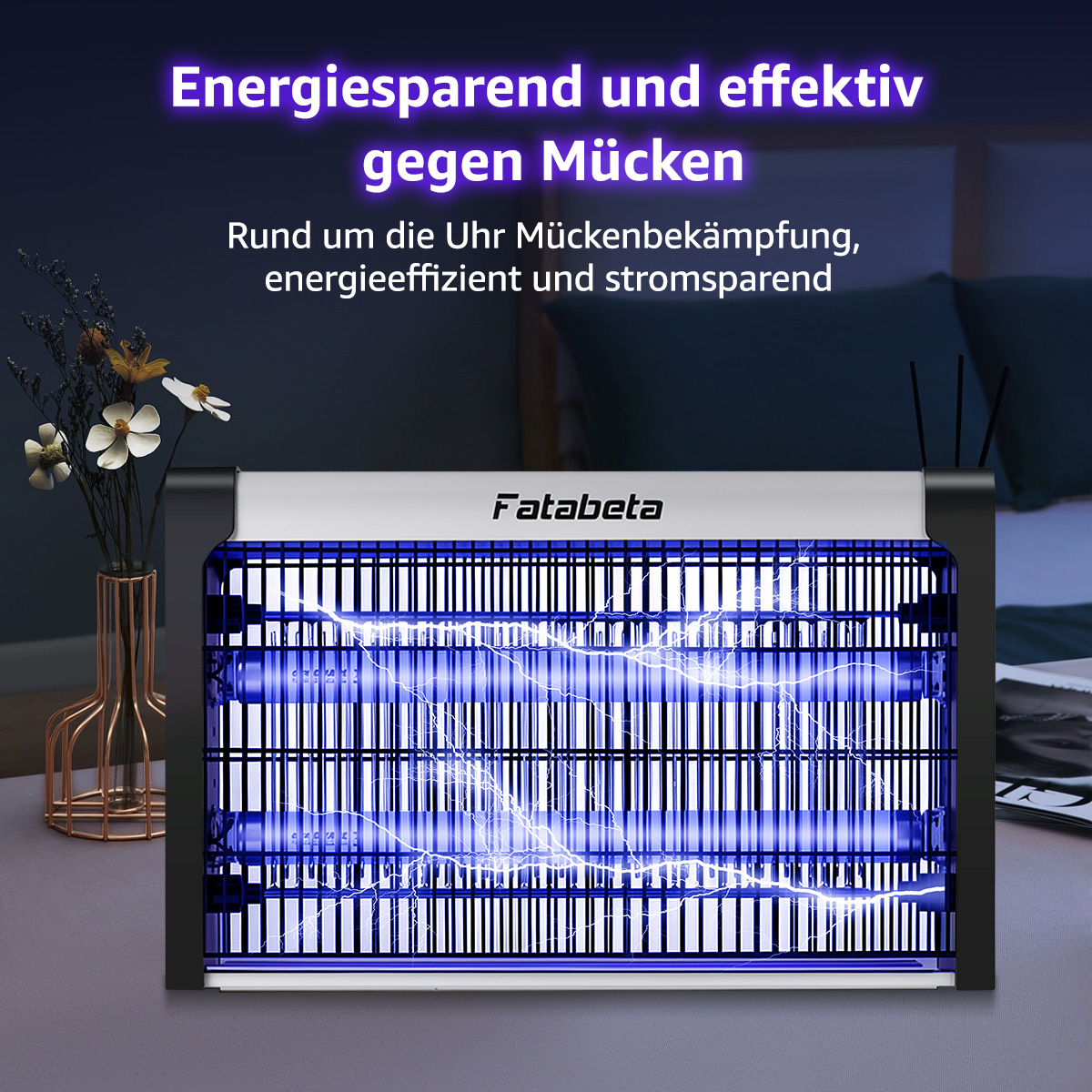 Ein elektrischer Mückenvernichter mit blauen Lichtern auf einem Tisch.