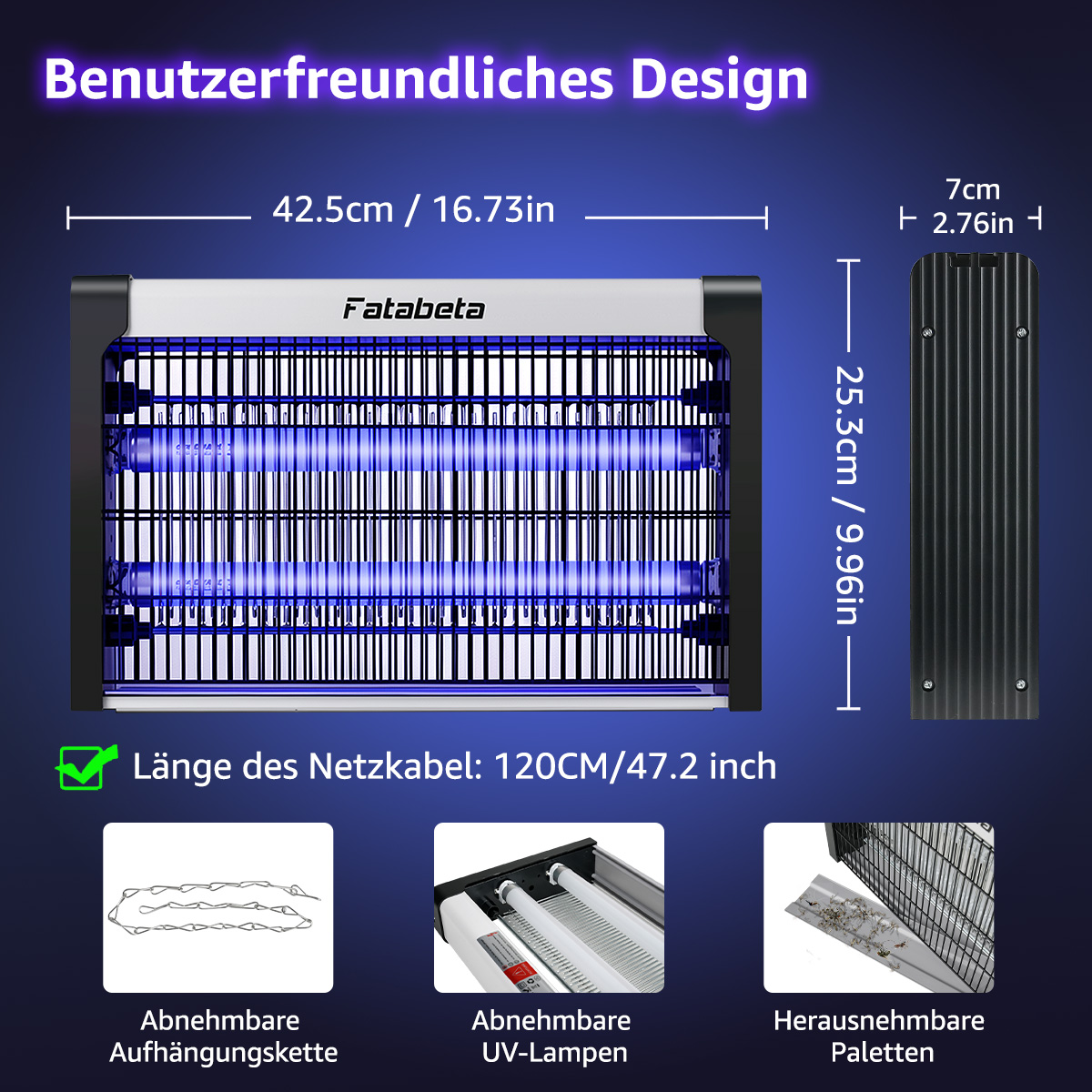 Insektenvernichter mit Maßen, Kabel, Kette, Lampen und Tablett.