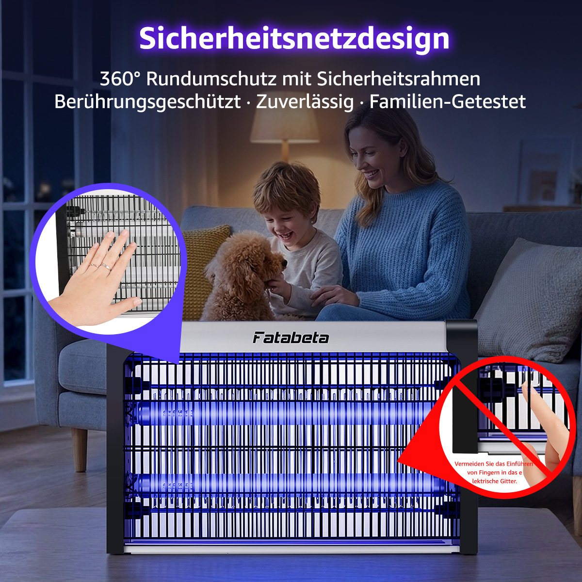 Familie mit Hund vor einem Insektenvernichter, der beleuchtet ist.