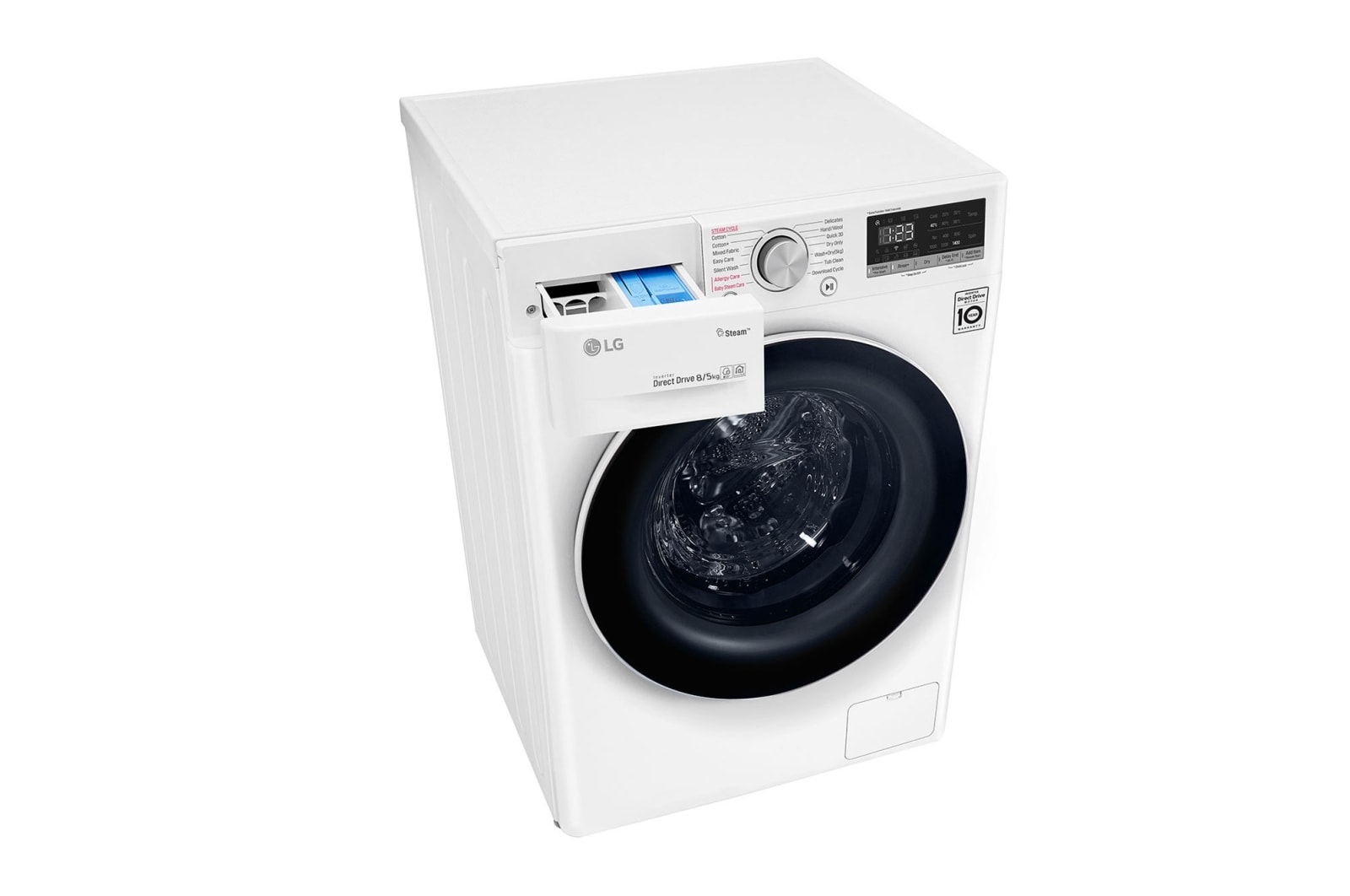 Una lavadora LG blanca con pantalla digital y cajón de detergente abierto.