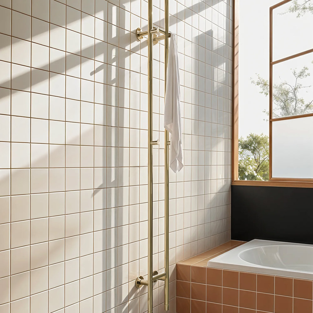 Baño moderno con azulejos blancos, toallero de latón con toalla blanca y bañera.
