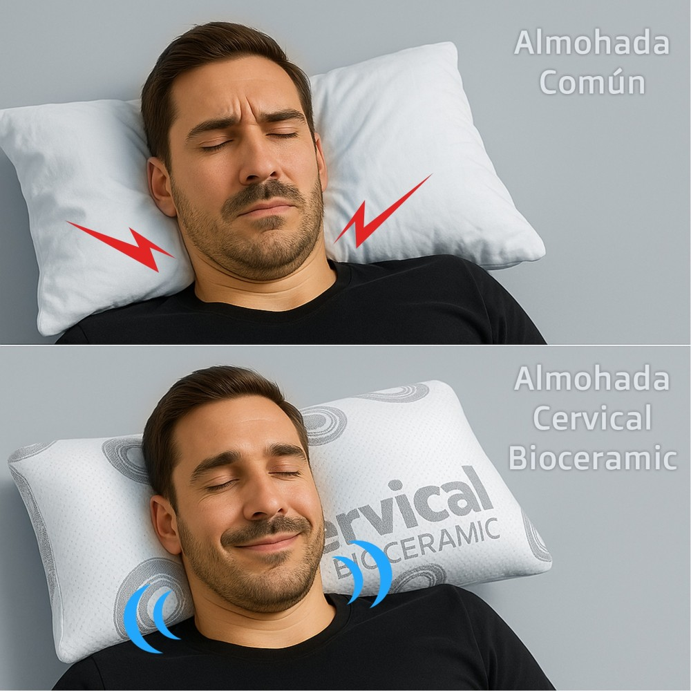 Hombre con dolor en almohada normal, relajado en almohada Cervical Bioceramic.