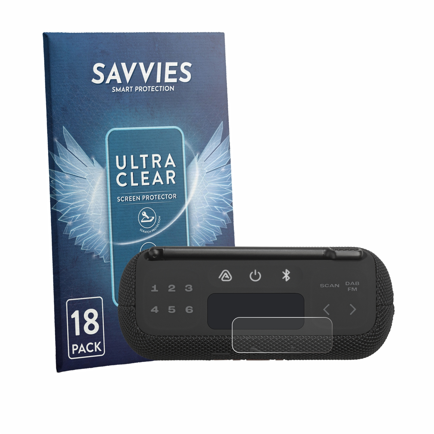 Verpackung mit 18 Savvies Displayschutzfolien und einem schwarzen DAB-Radio.
