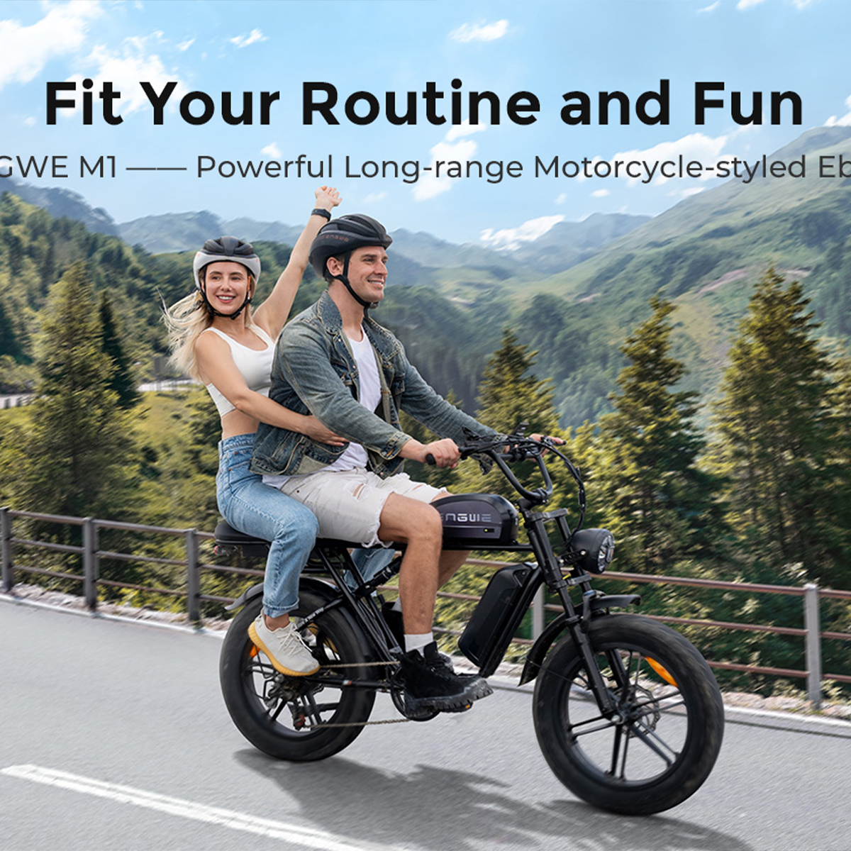 Para jedzie na rowerze elektrycznym w górach, kobieta wiwatuje.