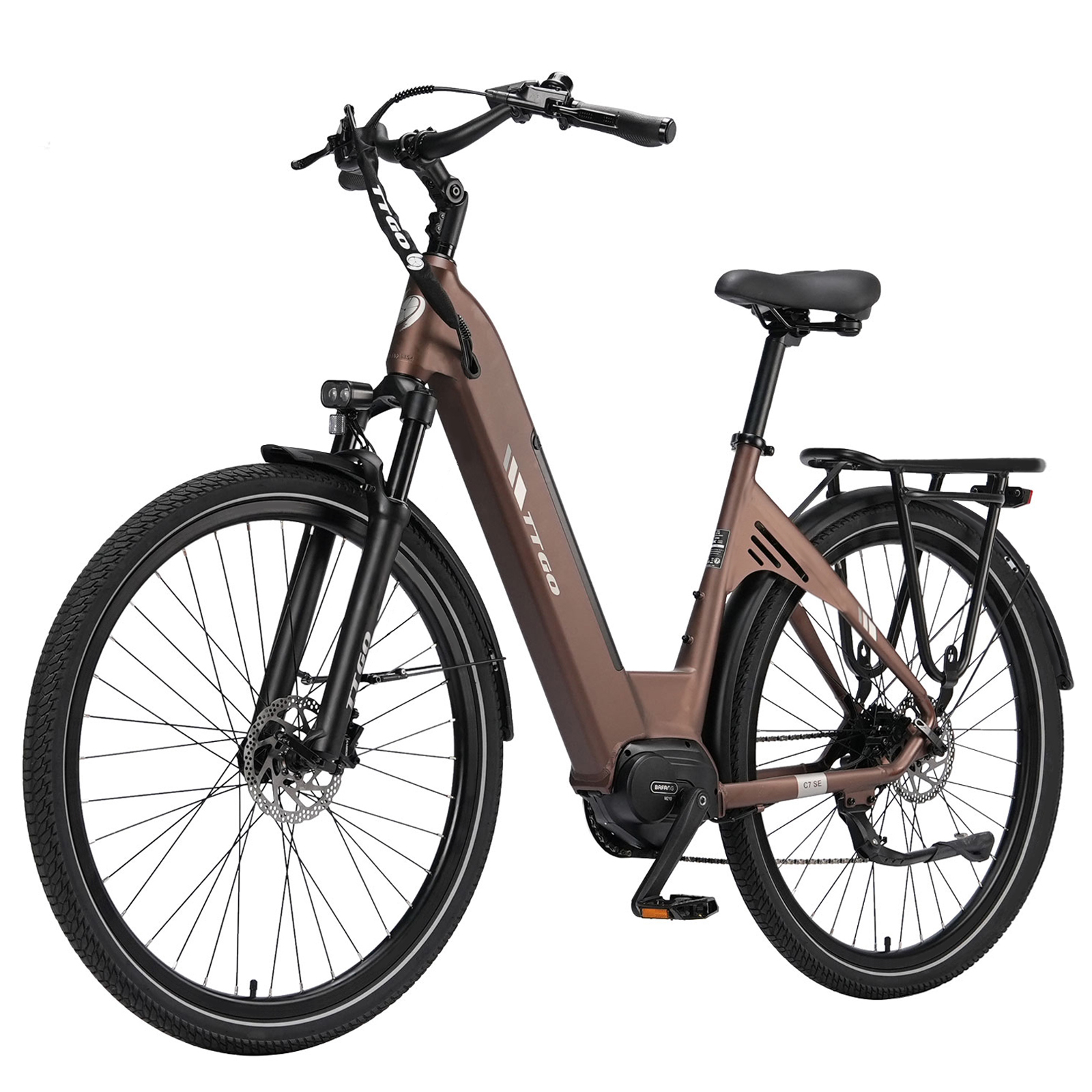 Brązowy e-bike z czarnym siodełkiem, bagażnikiem i widelcem amortyzowanym.