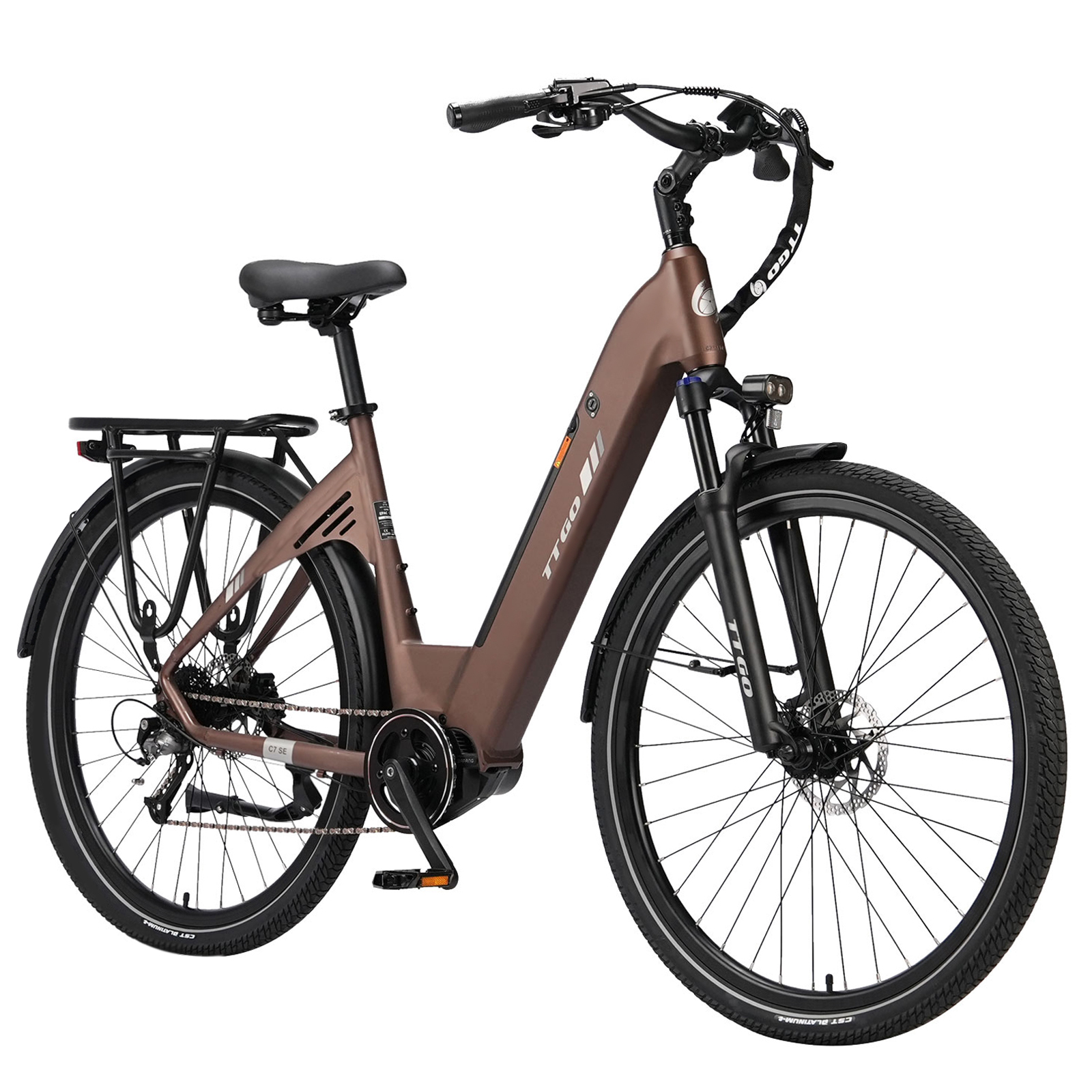 Brązowy rower elektryczny z czarnymi oponami, siedzeniem i błotnikami. Posiada przednie światło i tylny bagażnik.