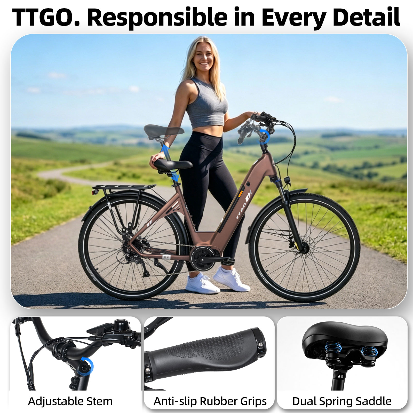 Kobieta stoi obok brązowego roweru elektrycznego na drodze z zielonymi wzgórzami.