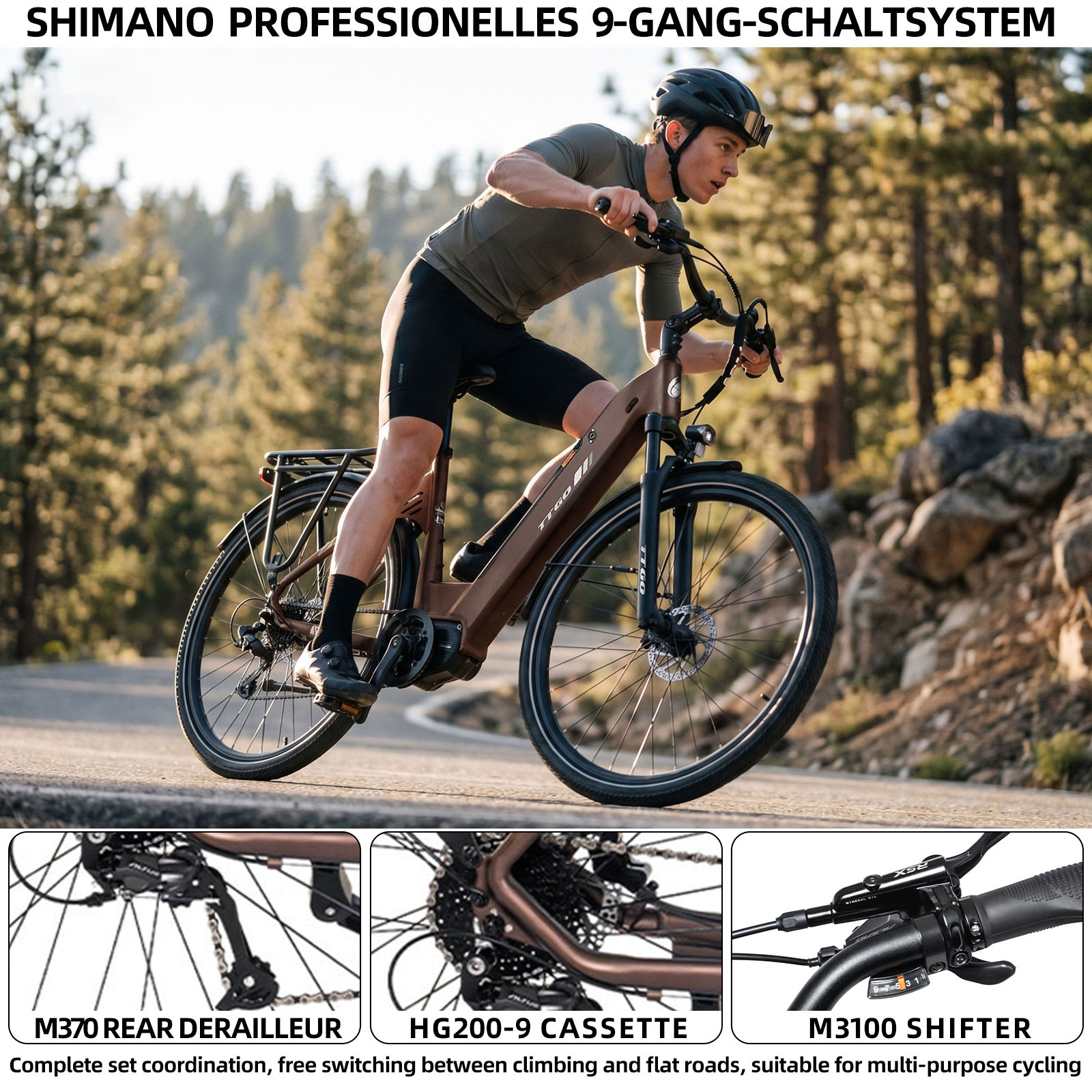 Mężczyzna jedzie brązowym rowerem z przerzutkami Shimano po leśnej drodze.