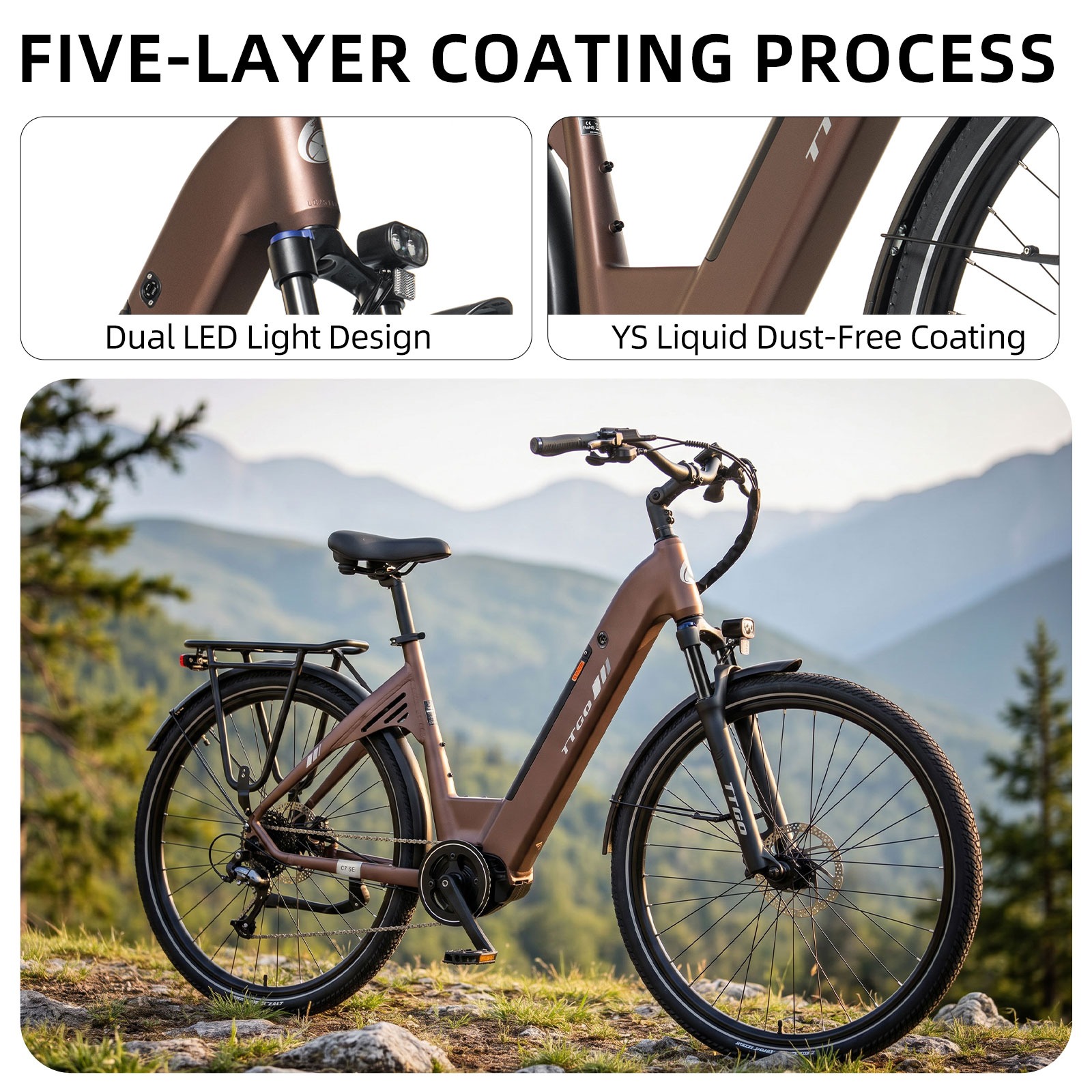 Brązowy rower elektryczny z podwójnym światłem LED, zaparkowany na zewnątrz na skalistym terenie.