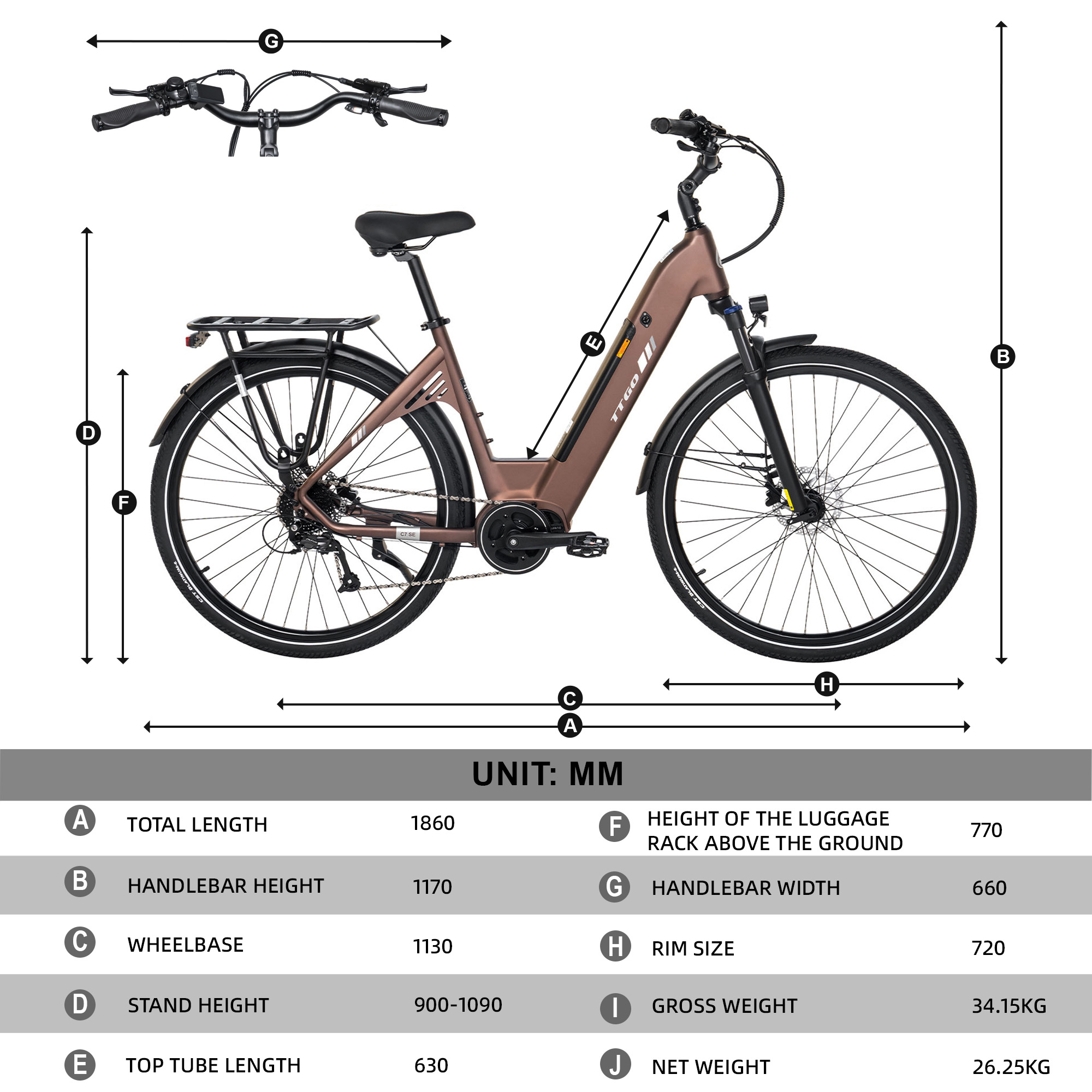 Brązowy schemat specyfikacji roweru elektrycznego z wymiarami i wagą.