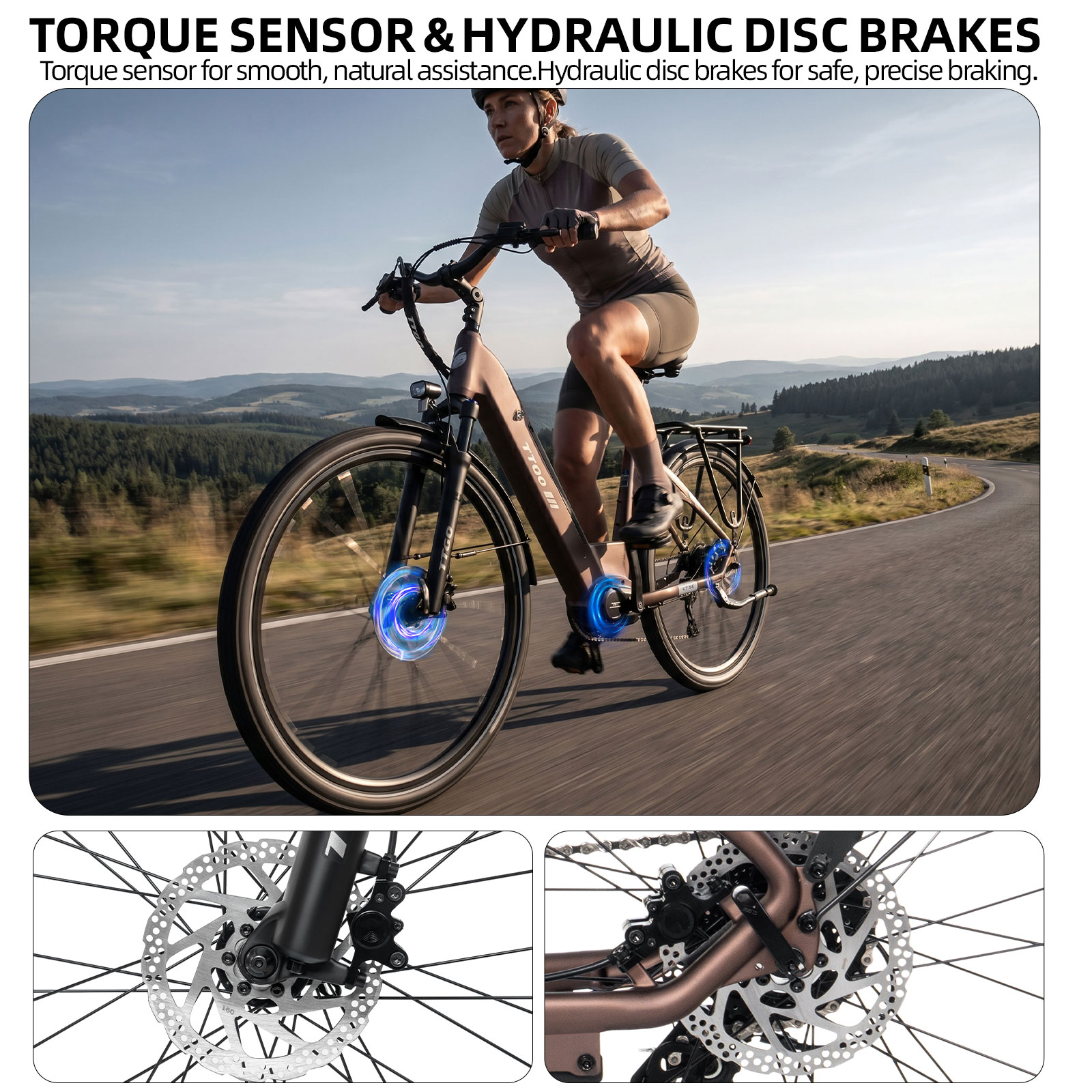 Kobieta jedzie rowerem elektrycznym po krętej drodze przez pagórkowaty teren.