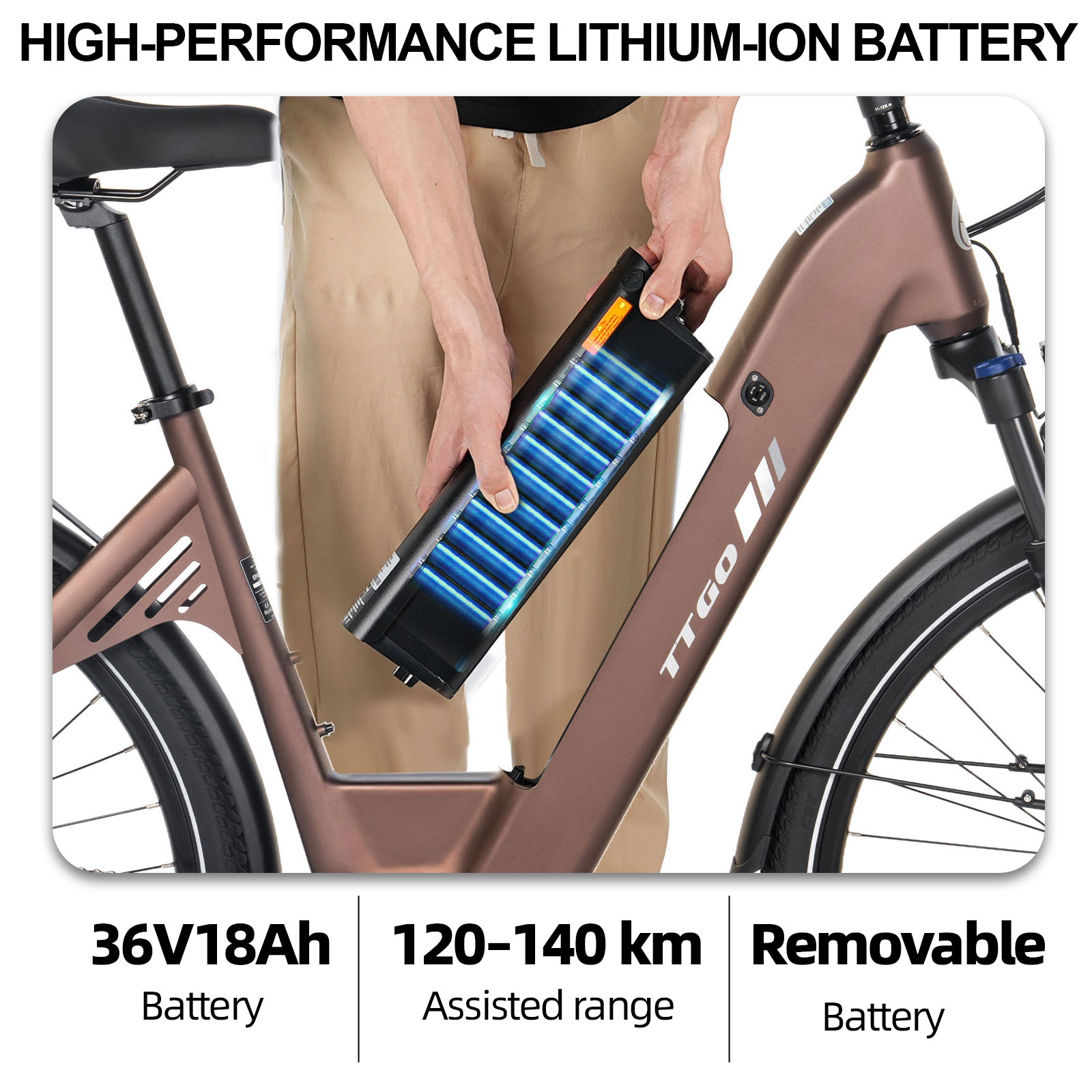 Osoba wyjmuje brązową baterię litowo-jonową z ramy roweru elektrycznego.