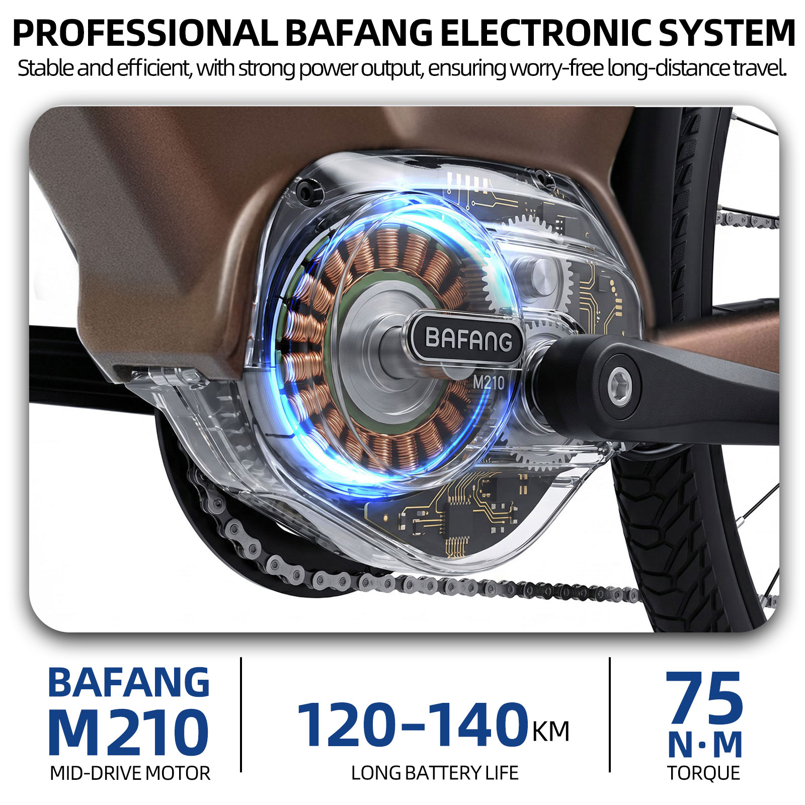 Zbliżenie silnika BAFANG M210 z napędem środkowym, widoczne zwoje miedziane i niebieskie światło.