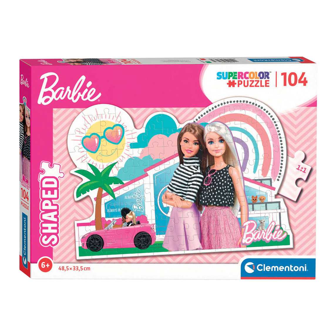 Puzzle Barbie con due bambole, un'auto, una palma e un arcobaleno.