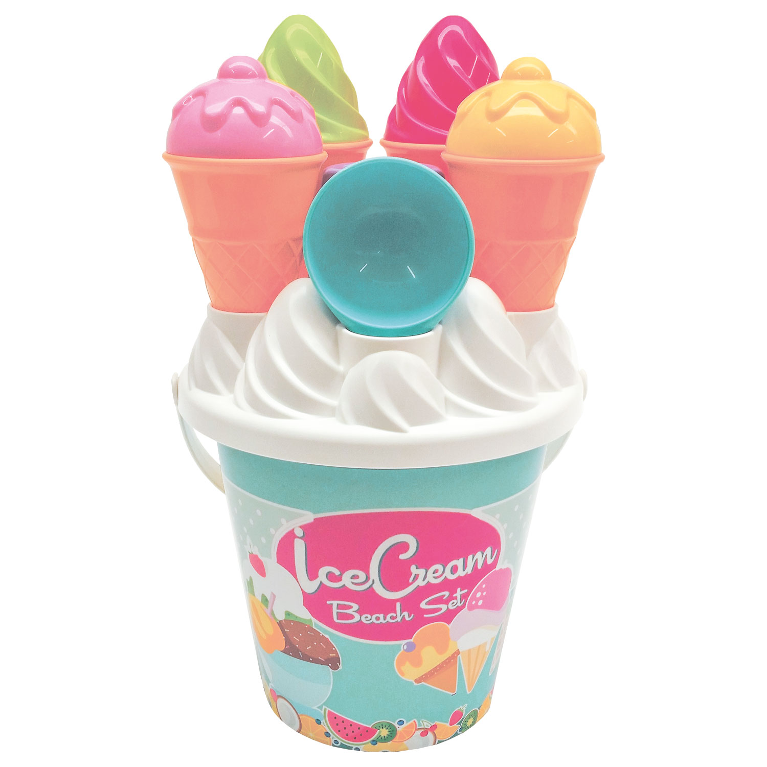 Un secchiello da spiaggia con formine per gelato di vari colori.