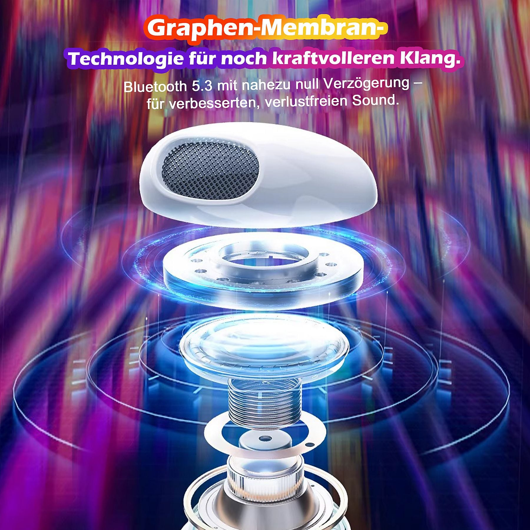 Explodierte Ansicht eines Lautsprechers mit Graphen-Membran. Technologie für besseren Klang.