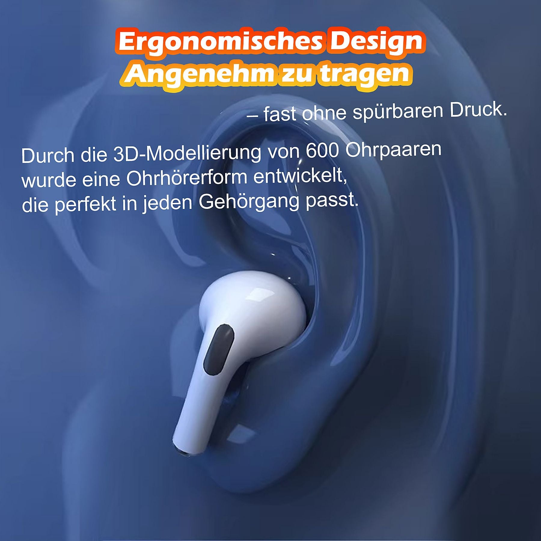 Ein weißer Ohrhörer sitzt in einem blauen Ohr. Ergonomisches Design.
