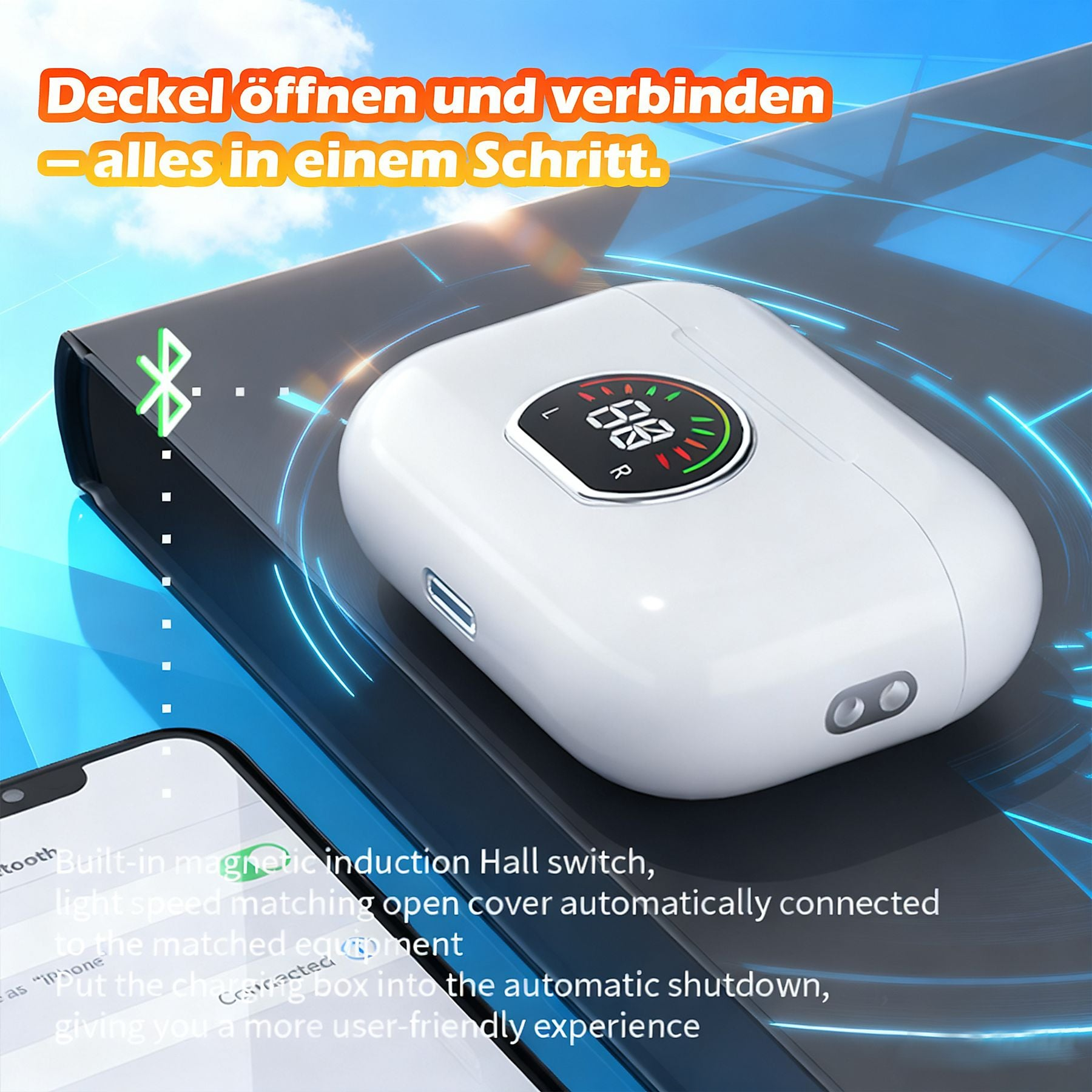 Weiße Kopfhörerbox mit Display, Bluetooth-Symbol, neben einem Smartphone.