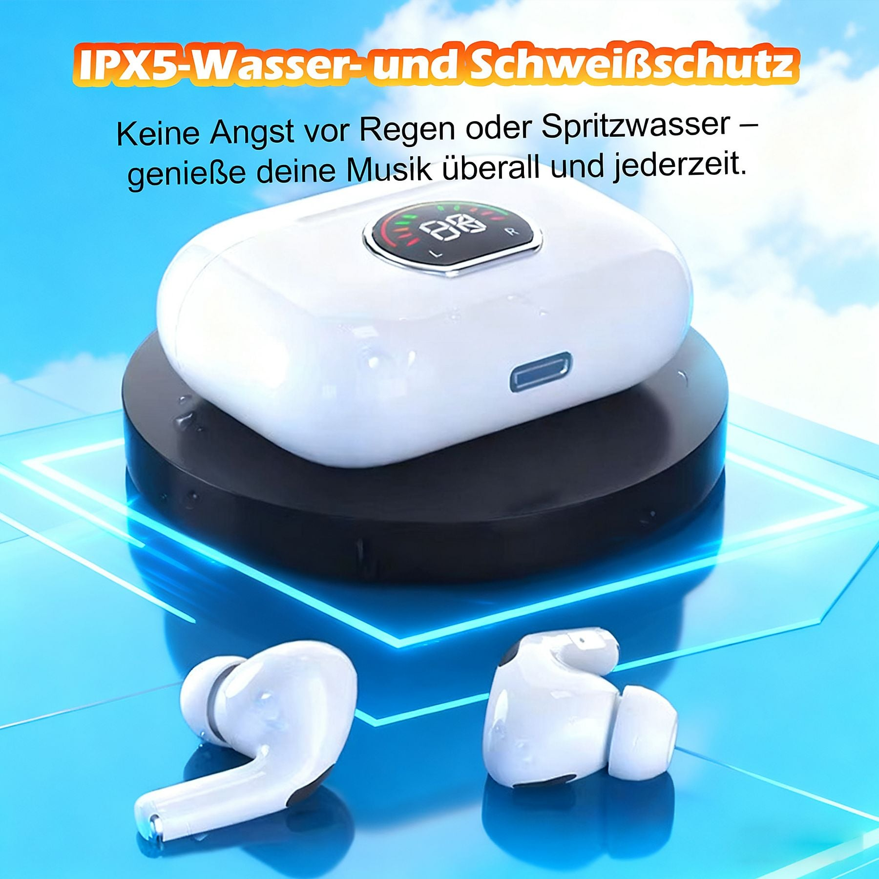 Weiße kabellose Ohrhörer und Ladehülle mit IPX5-Schutz auf blauem Hintergrund.
