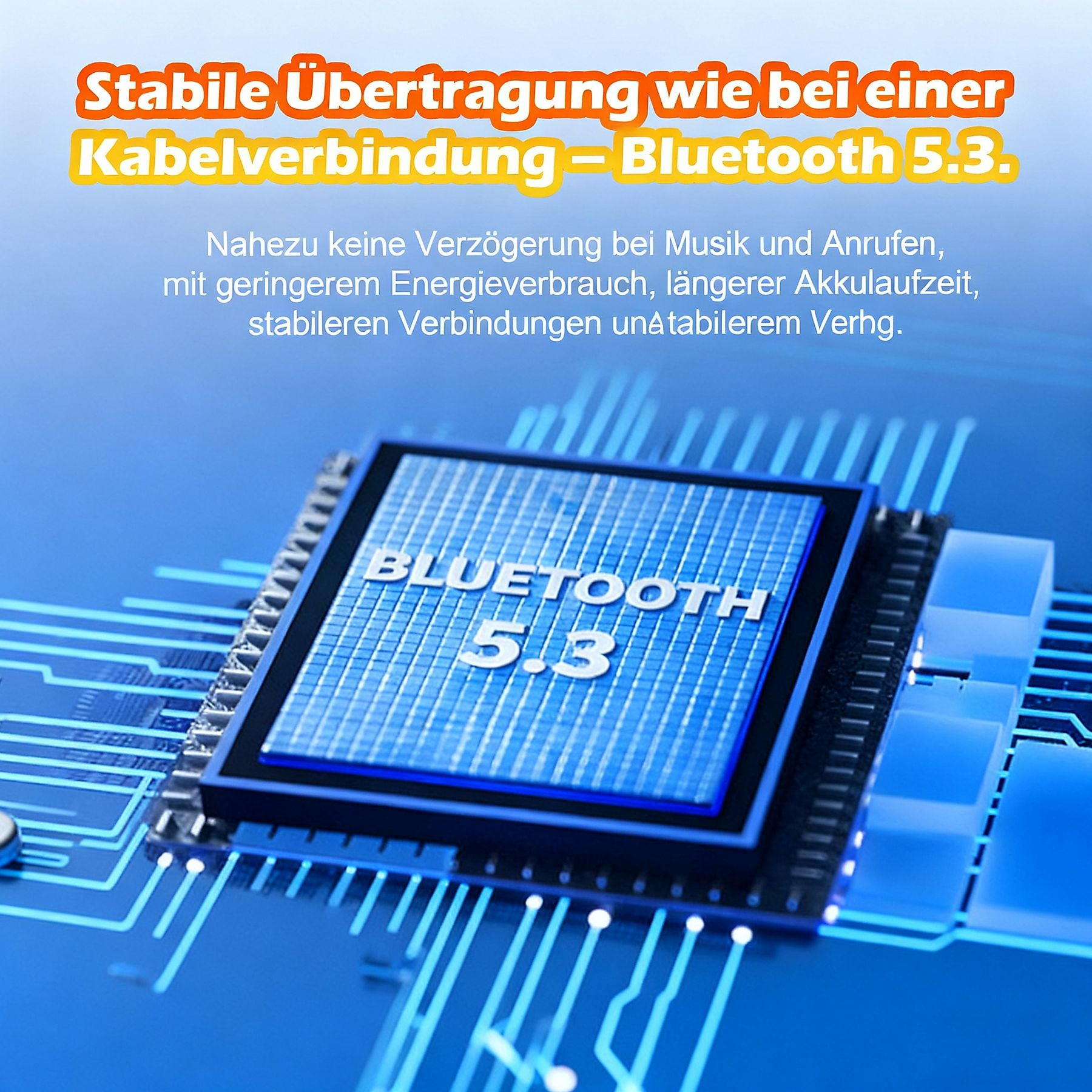 Nahaufnahme eines Bluetooth 5.3 Chips auf einer Leiterplatte. Leuchtende Linien.