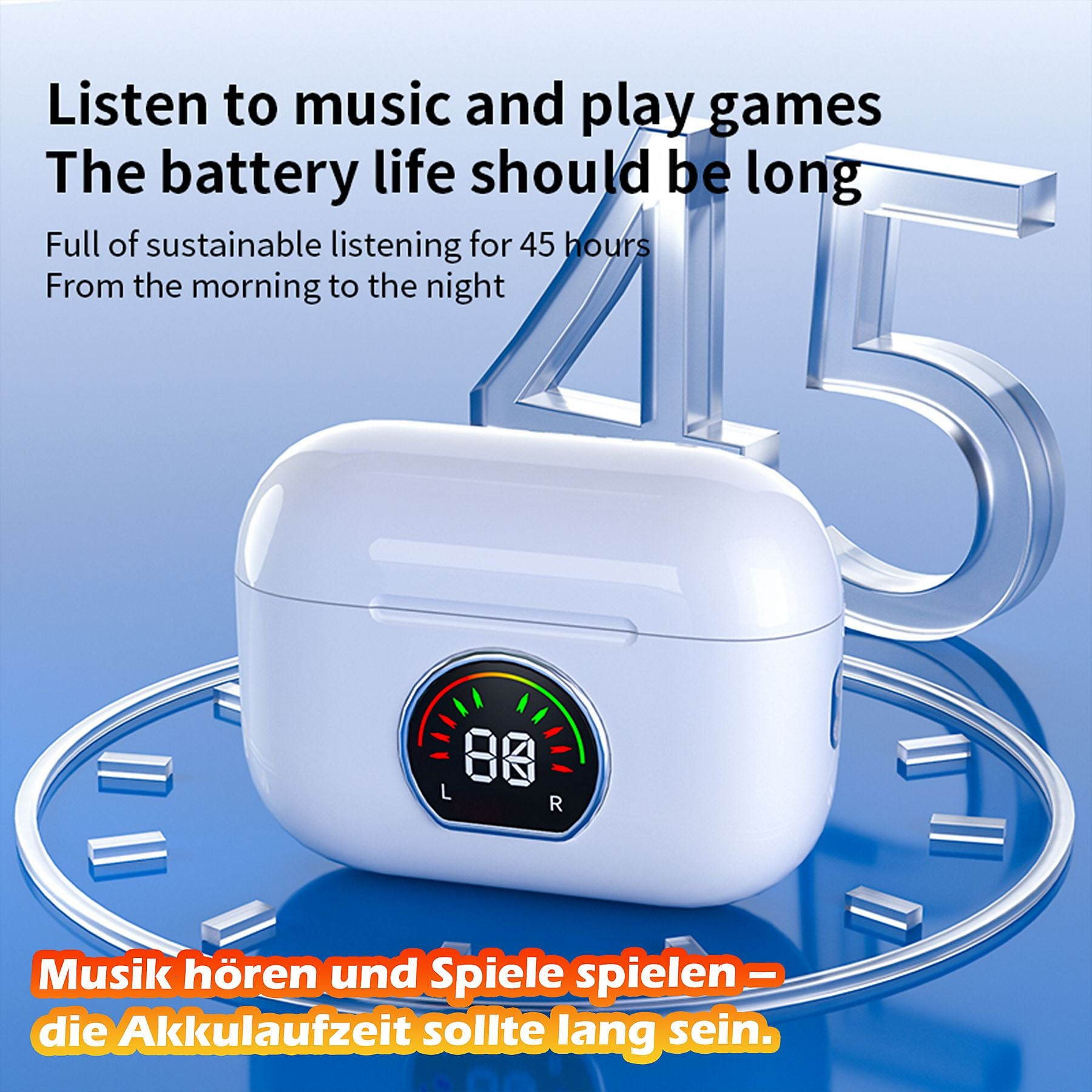 Weiße Kopfhörerhülle mit digitaler Anzeige neben der Zahl 45.