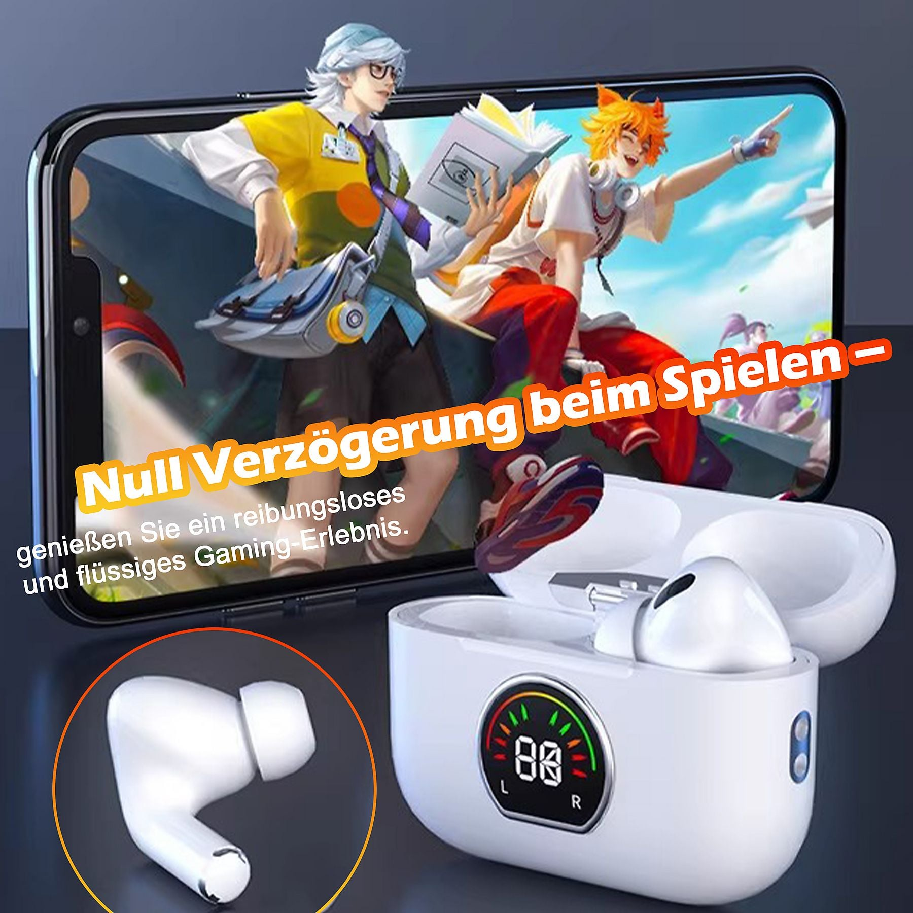 Ein Smartphone zeigt Anime-Charaktere. Daneben liegen weiße Kopfhörer in einer Ladeschale.