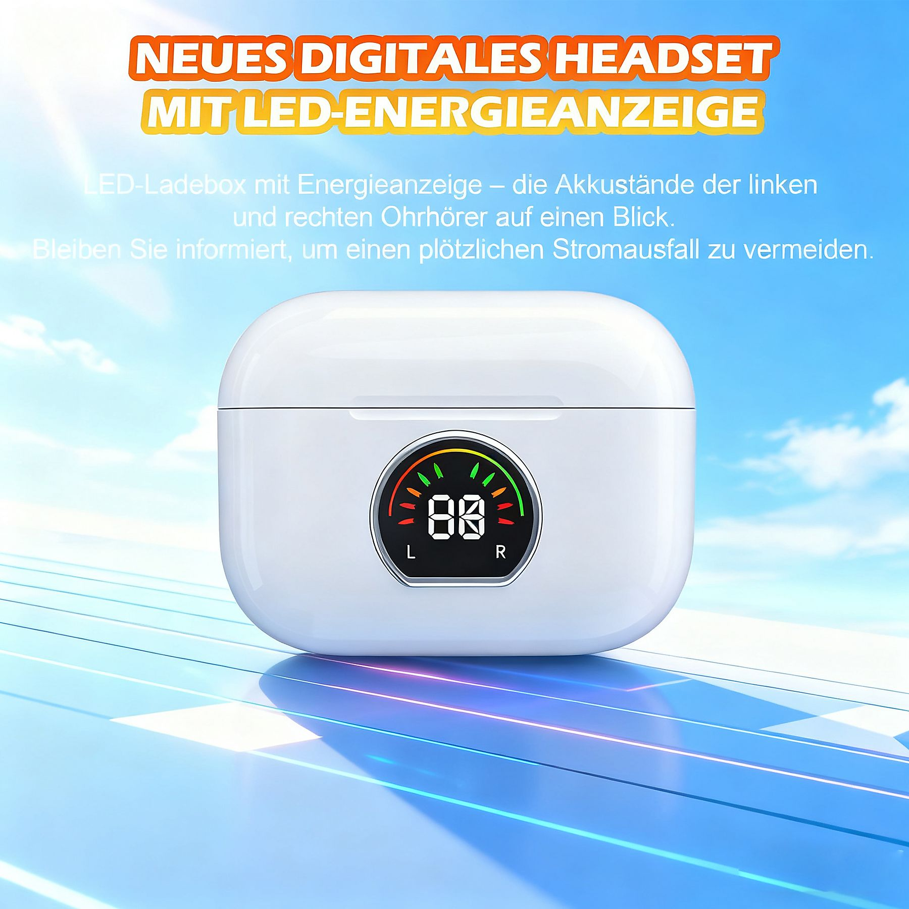 Ein weißes Headset-Ladecase mit LED-Anzeige für Akkustand.