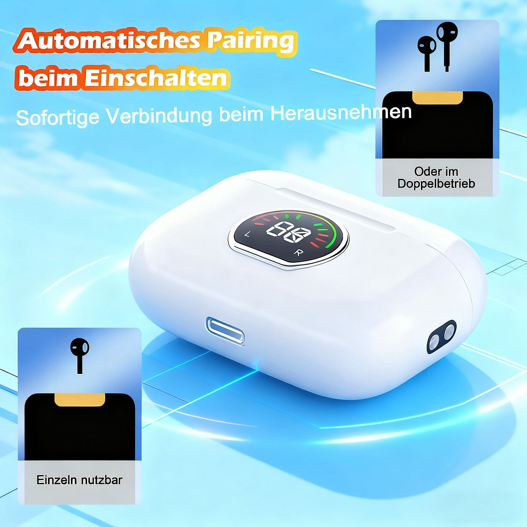 Weiße Ladehülle für kabellose Ohrhörer mit digitaler Anzeige und Symbolen.