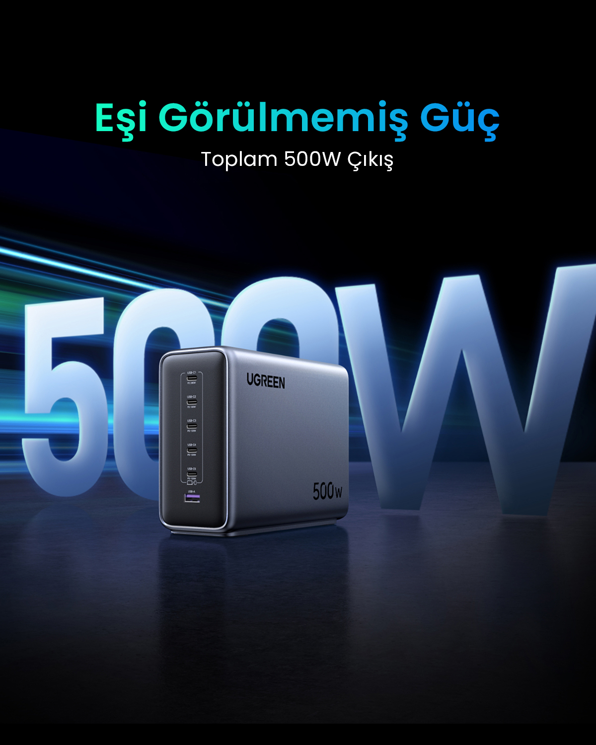 Un alimentatore UGREEN grigio con più porte USB-C e USB-A.