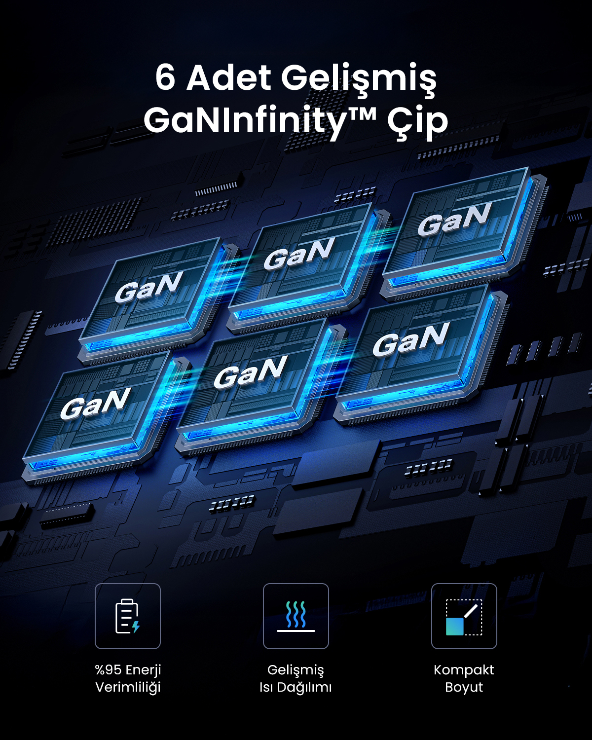 Sei chip GaNInfinity™ avanzati su uno sfondo scuro.