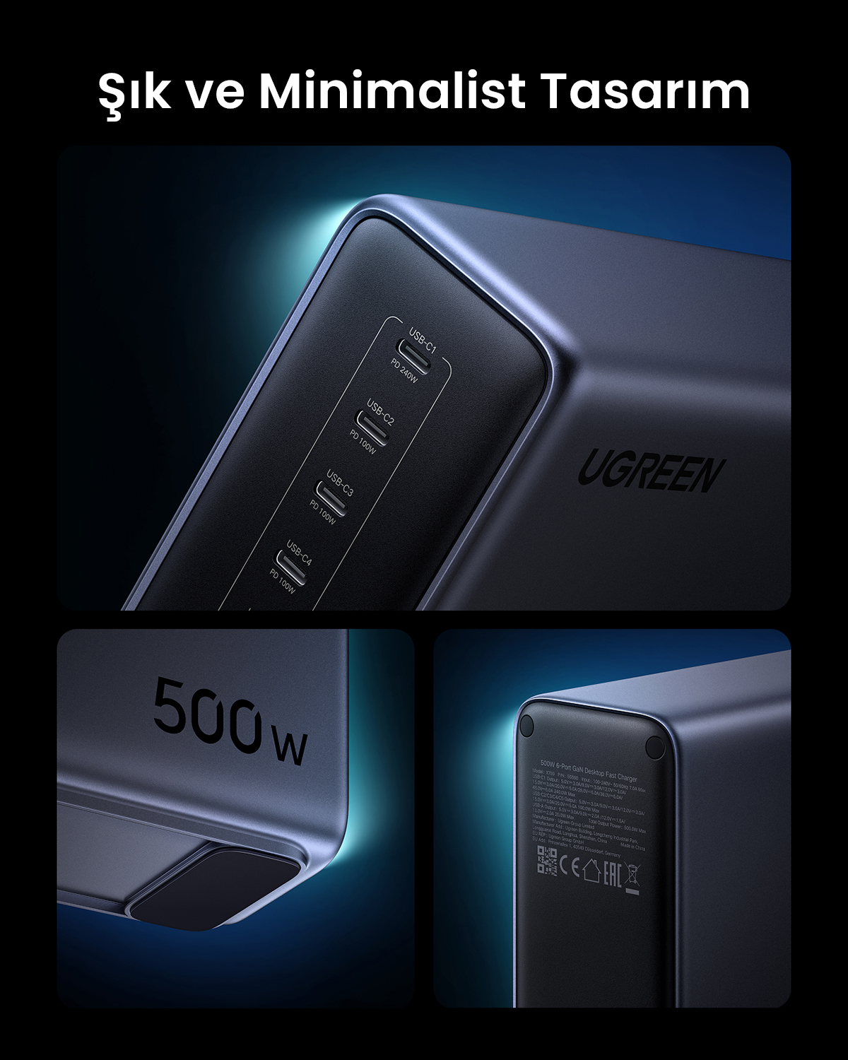 Caricatore nero con 4 porte USB-C (fino a 240W), potenza totale 500W.