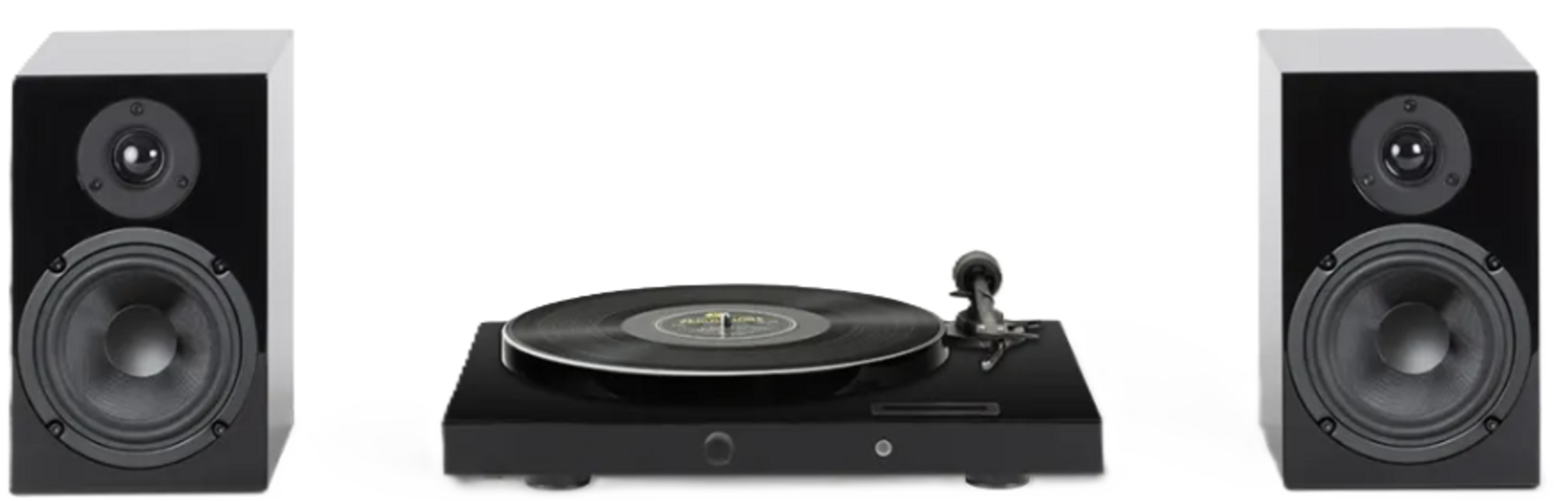 Czarny gramofon z dwoma głośnikami po bokach.