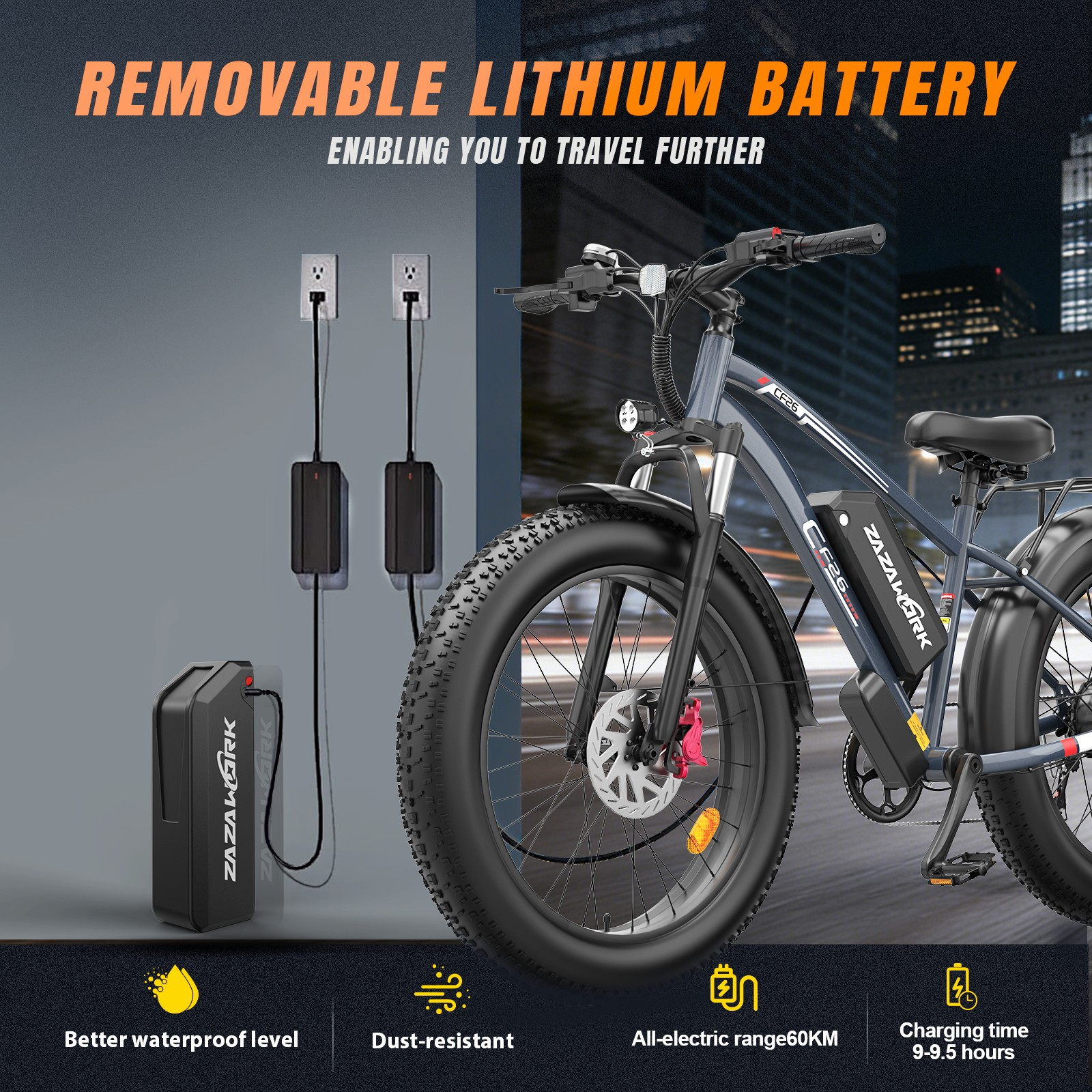 Rower elektryczny z wyjmowaną baterią ładującą się na ścianie. Miasto w tle.