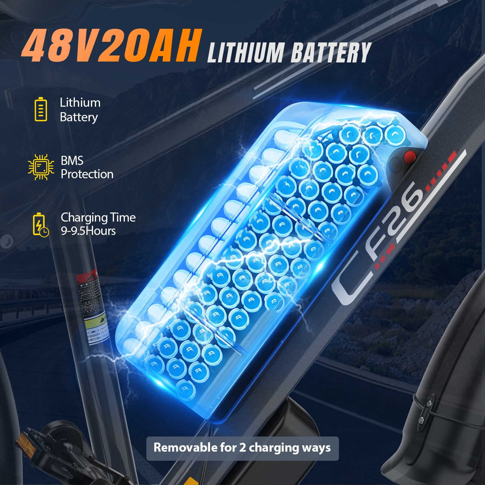 Zbliżenie na baterię litowo-jonową 48V 20Ah roweru elektrycznego z ochroną BMS.