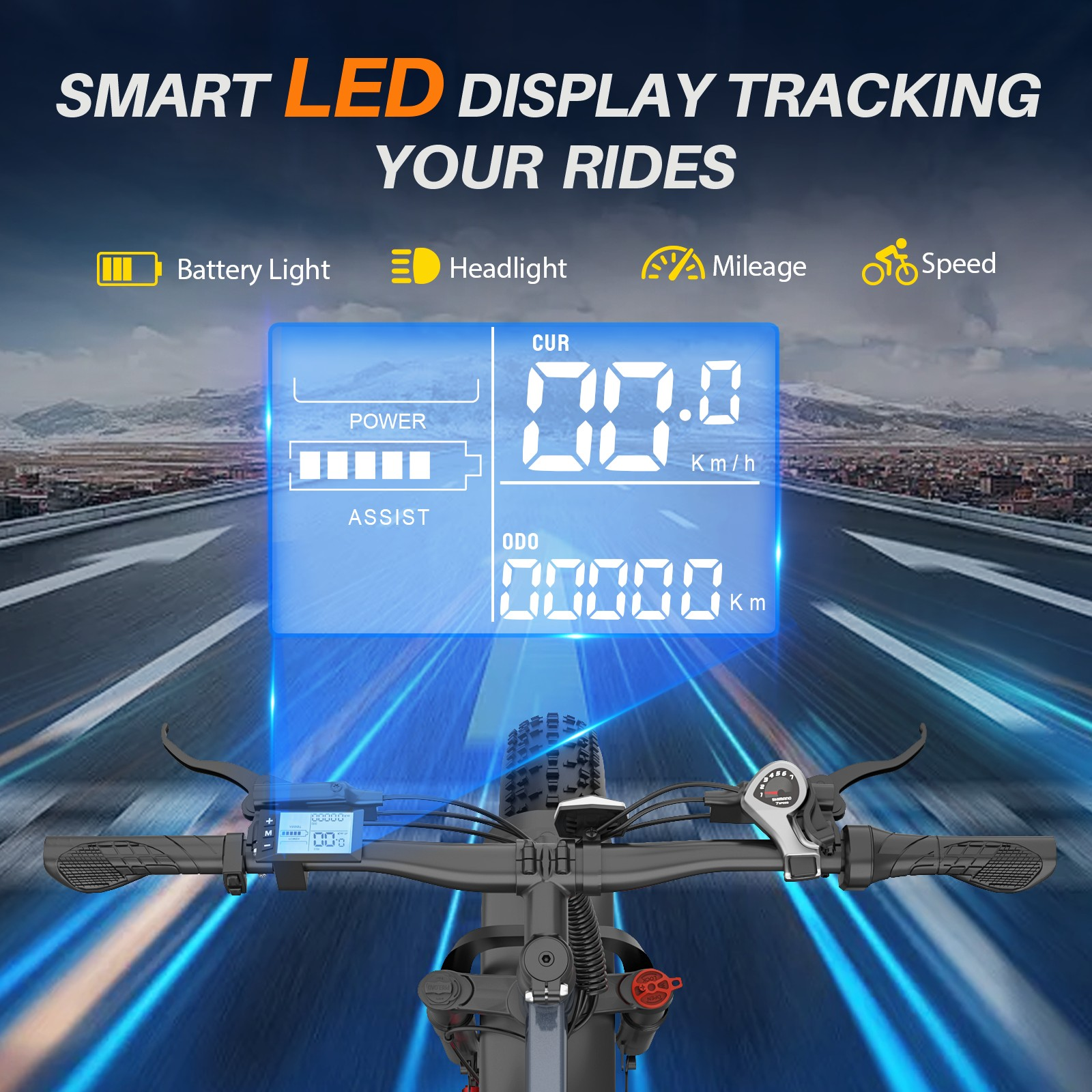 Wyświetlacz rowerowy pokazuje prędkość, przebieg i stan baterii podczas jazdy.
