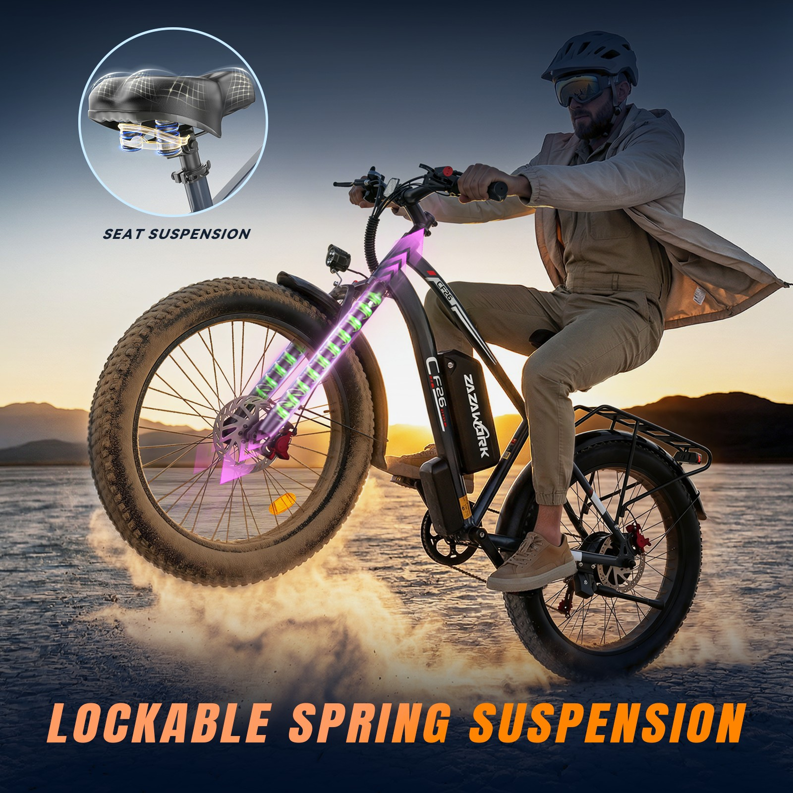 Mężczyzna jedzie rowerem elektrycznym na grubych oponach z amortyzacją i światłami o zachodzie słońca.