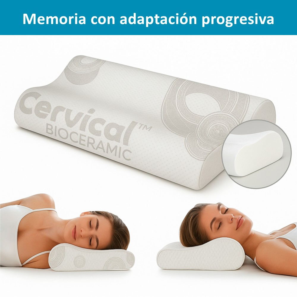 Una almohada cervical blanca con texto 'Cervical Bioceramic' y dos mujeres tumbadas.