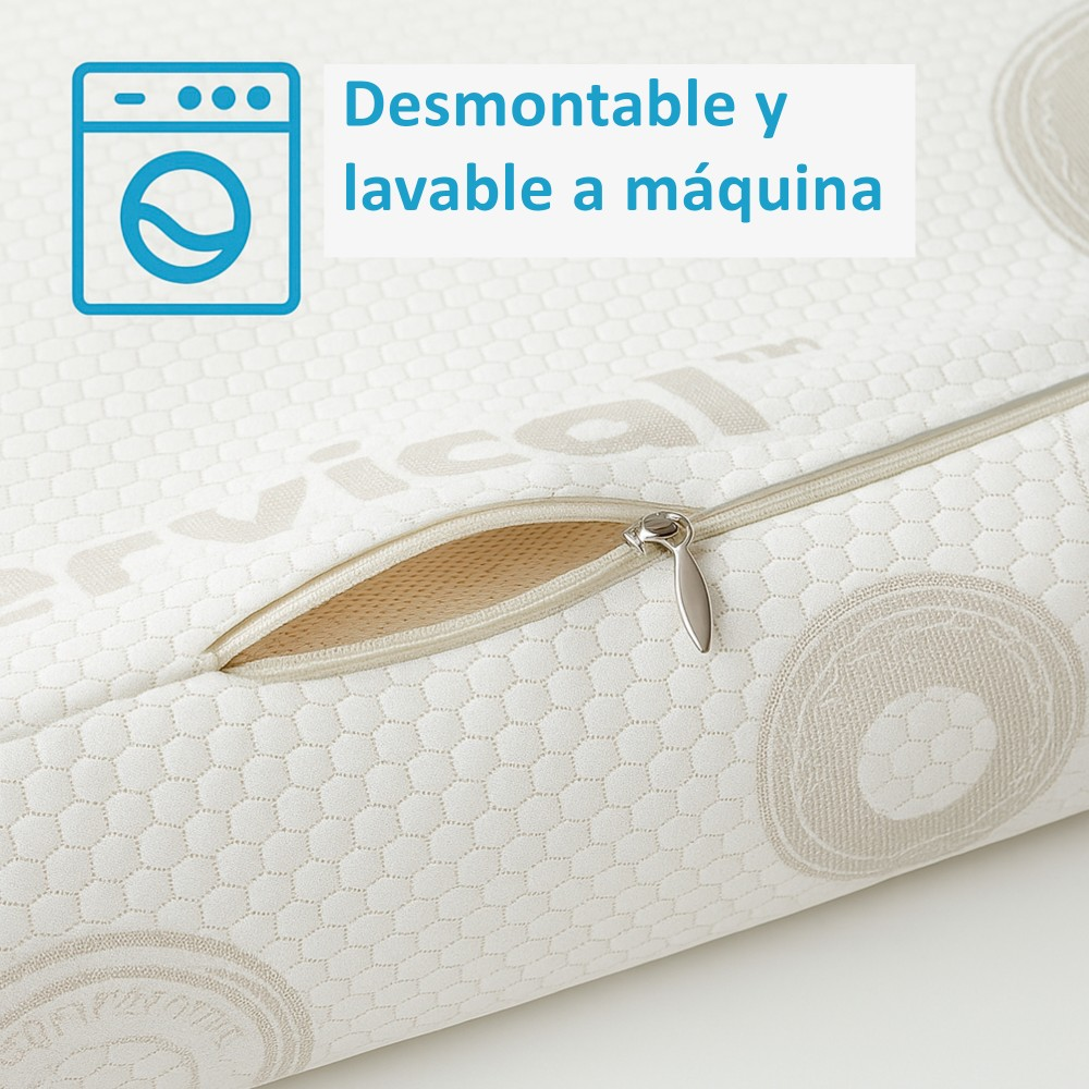 Icono de lavadora y texto. Cremallera en una almohada blanca.