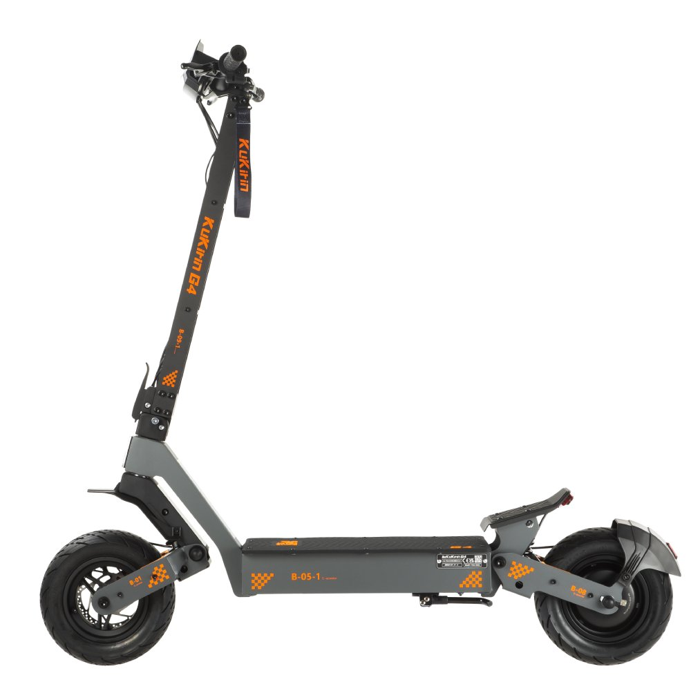 Ein grauer Elektroroller mit orangen Akzenten und den Aufdrucken KUKIRIN G4.