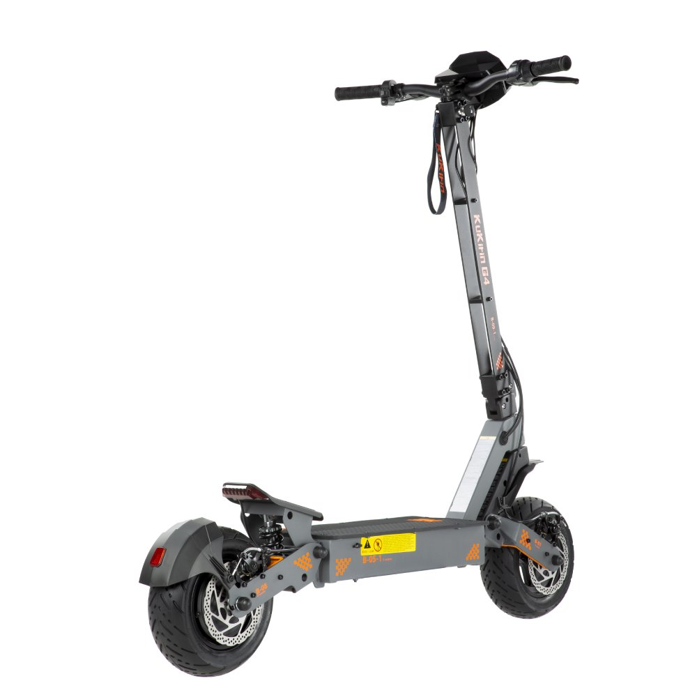 Ein grauer Elektroroller mit orangefarbenen Akzenten und schwarzen Reifen.