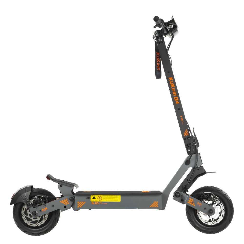 Ein grauer E-Scooter mit orangefarbenen Akzenten und dem Schriftzug "Kukirin G4".