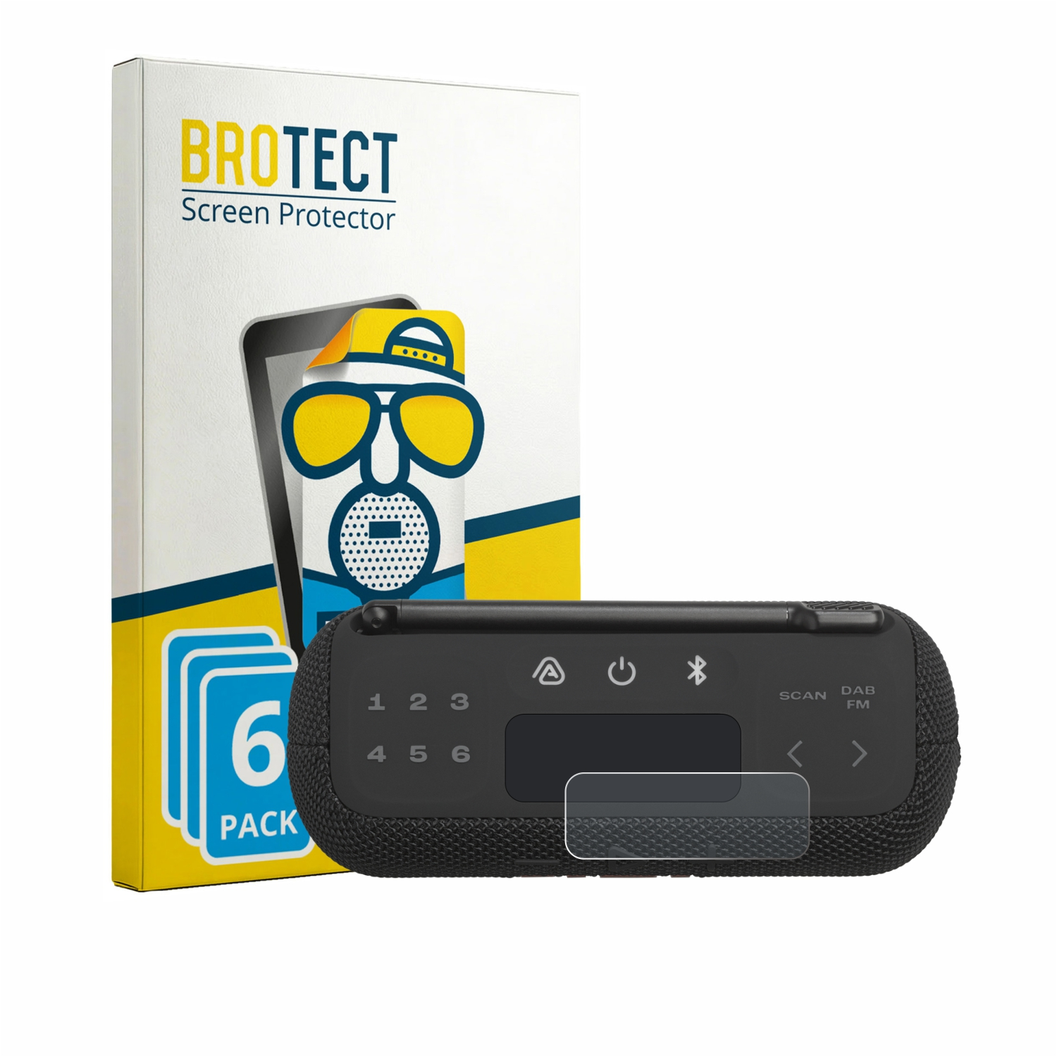 Ein Brotect Displayschutz und ein schwarzer DAB/FM-Radio mit Tasten und Bildschirm.