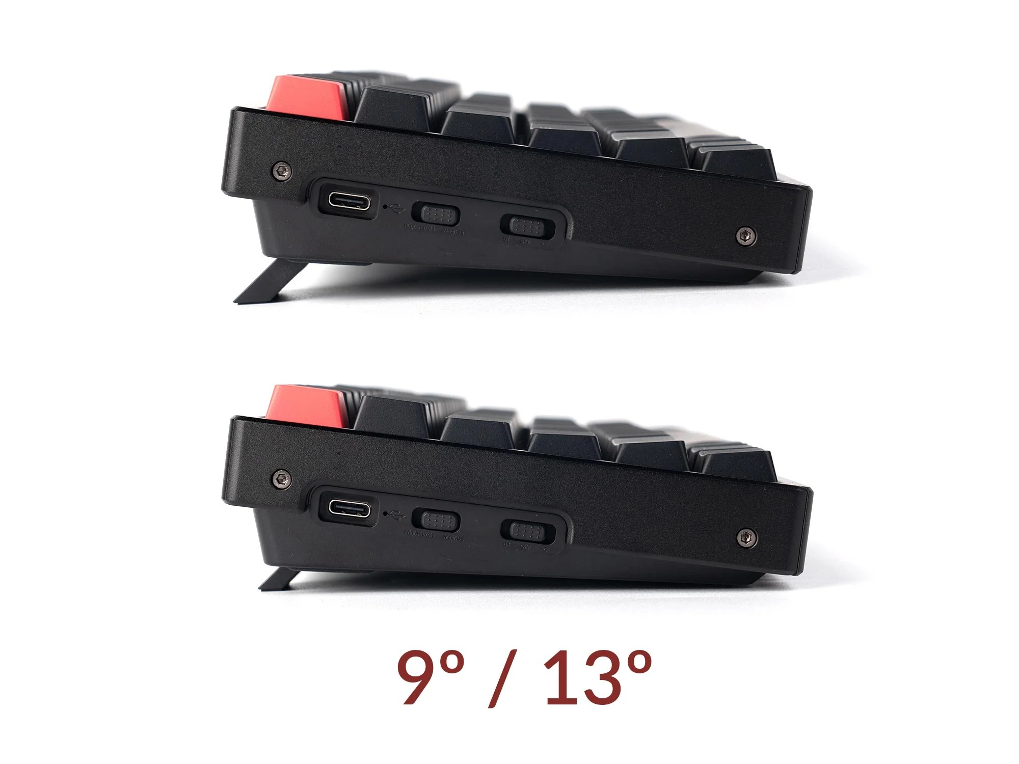 Czarna klawiatura z czerwonymi klawiszami, pokazująca kąty 9°/13°