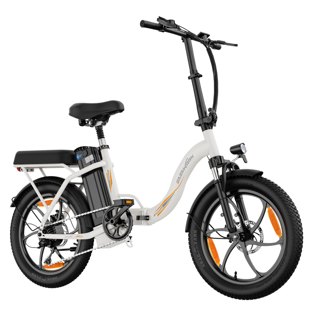 Biały składany rower elektryczny z czarnym siodełkiem, baterią i oponami.