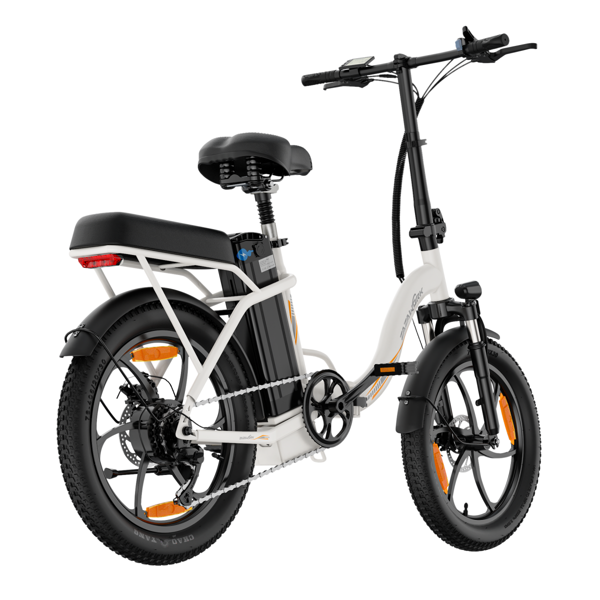 Biały składany rower elektryczny z czarnym siodełkiem, oponami i kierownicą. Widoczny akumulator.