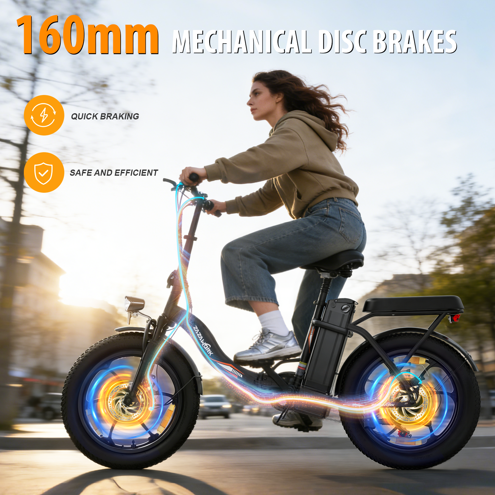 Kobieta jedzie na rowerze elektrycznym z hamulcami tarczowymi 160mm.