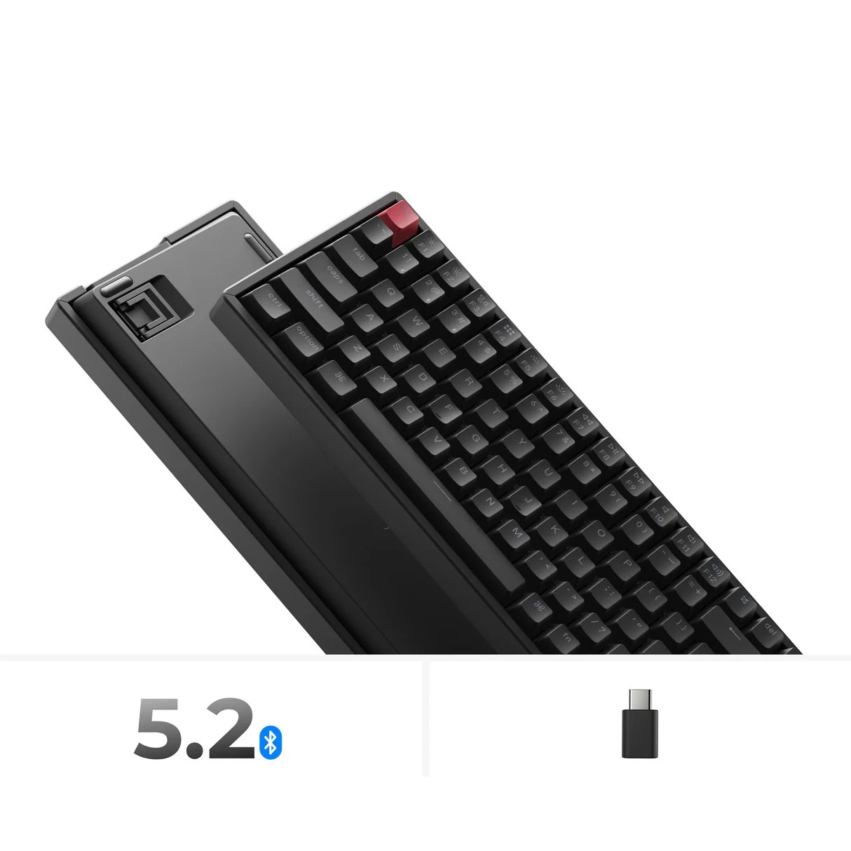 Czarna klawiatura mechaniczna z czerwoną klawiszem Escape, pokazana pod kątem. Bluetooth 5.2 i adapter USB-C.