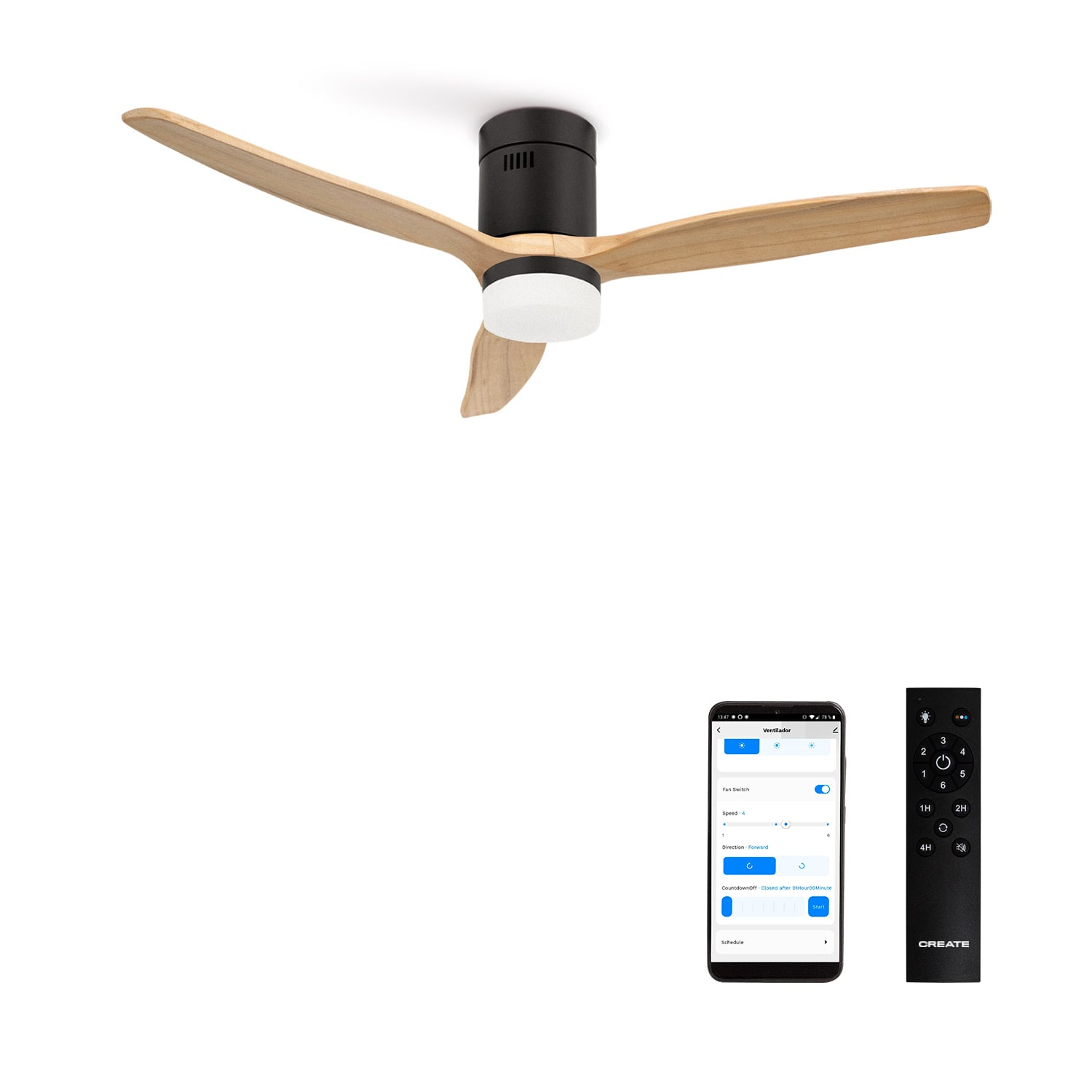 Un ventilador de techo negro moderno con tres aspas de madera y luz.