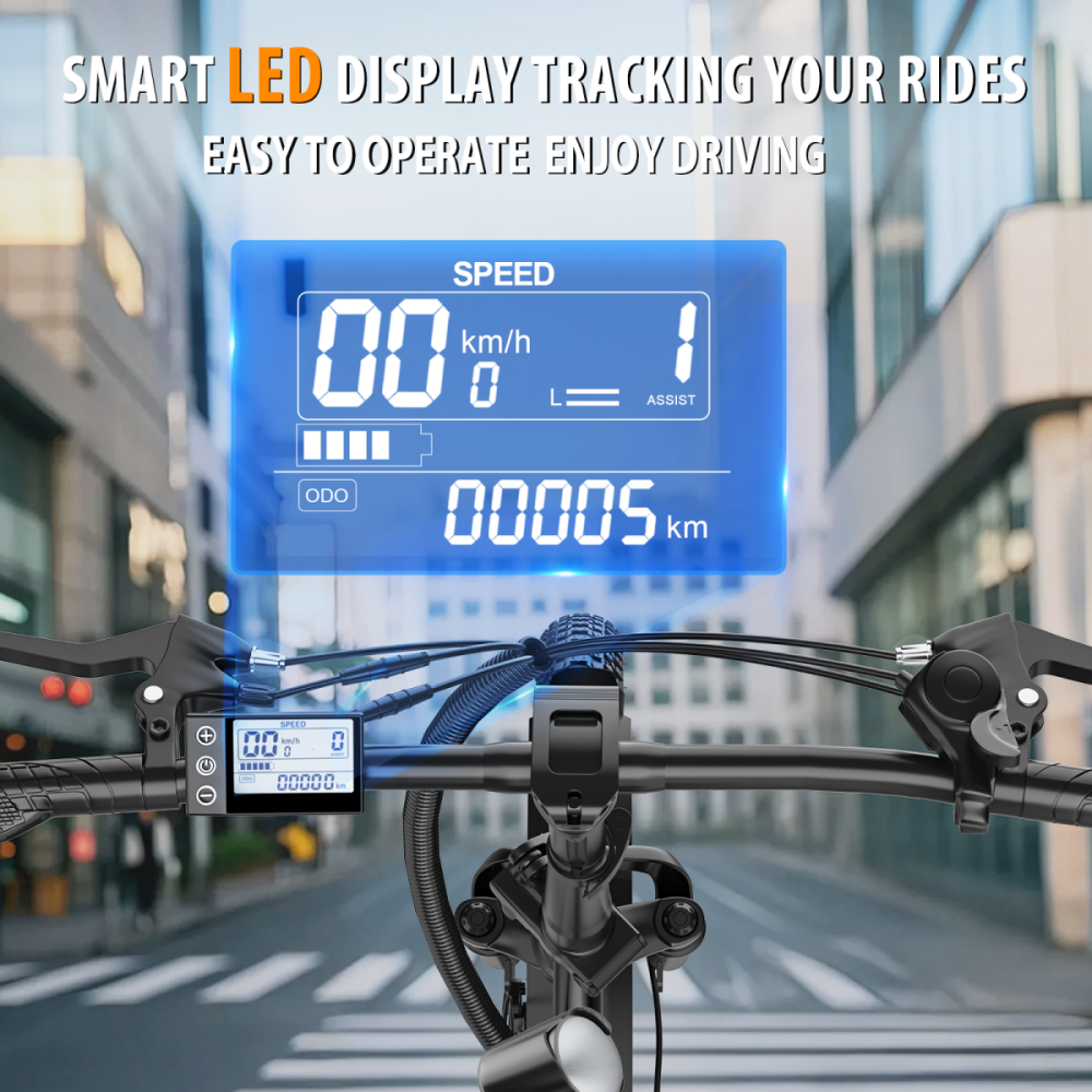 Kierownica roweru elektrycznego z jasnym cyfrowym wyświetlaczem pokazującym prędkość, poziom wspomagania i przebieg.